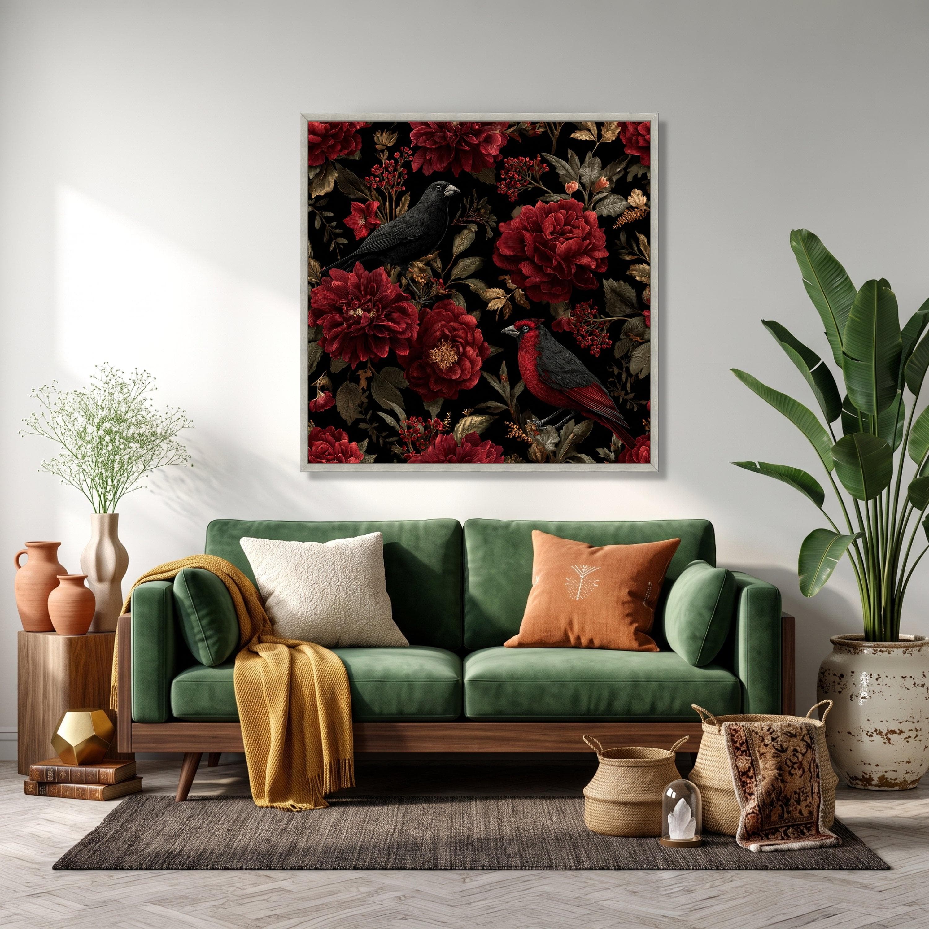 Red Peonies and Birds Canvas Art, Black Background, Ready to Hang - image 3