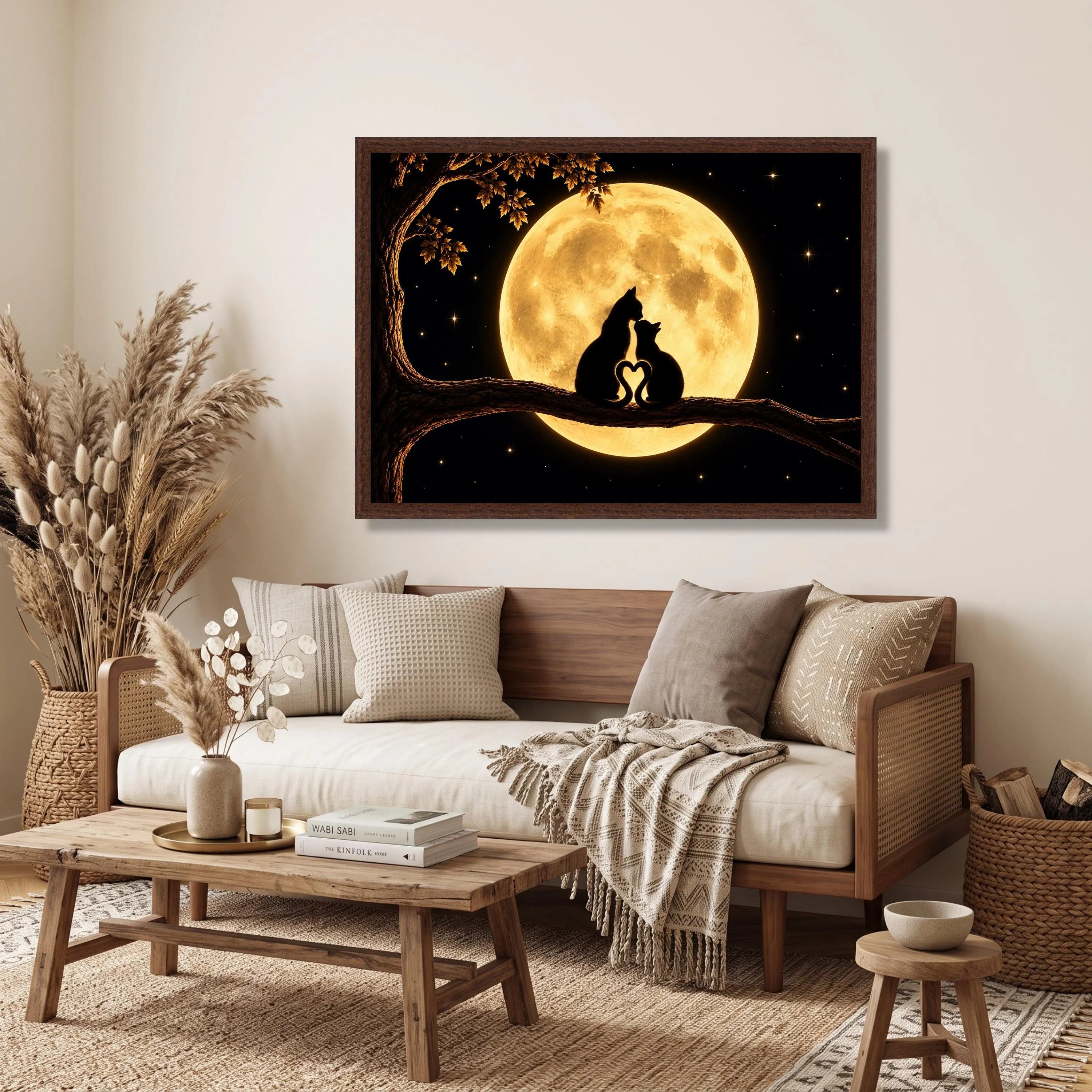 Romantic Cat Silhouette Canvas, Full Moon Night Art, Nature Scene Wall Decor - image 4