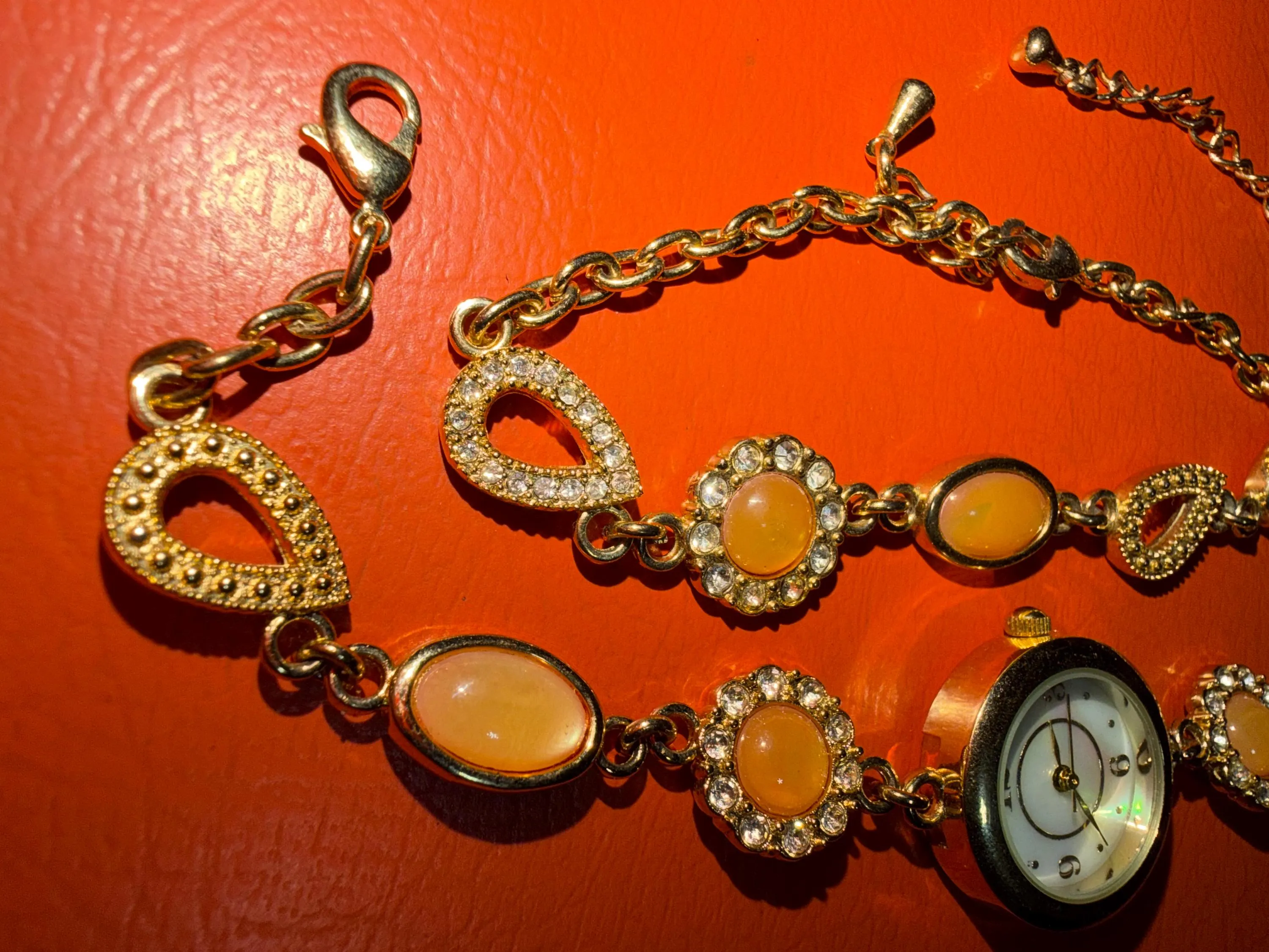 Vintage Gold Tone Cabochon Watch and Bracelet Set – Peach Orange Stone Dress Watch - image 4