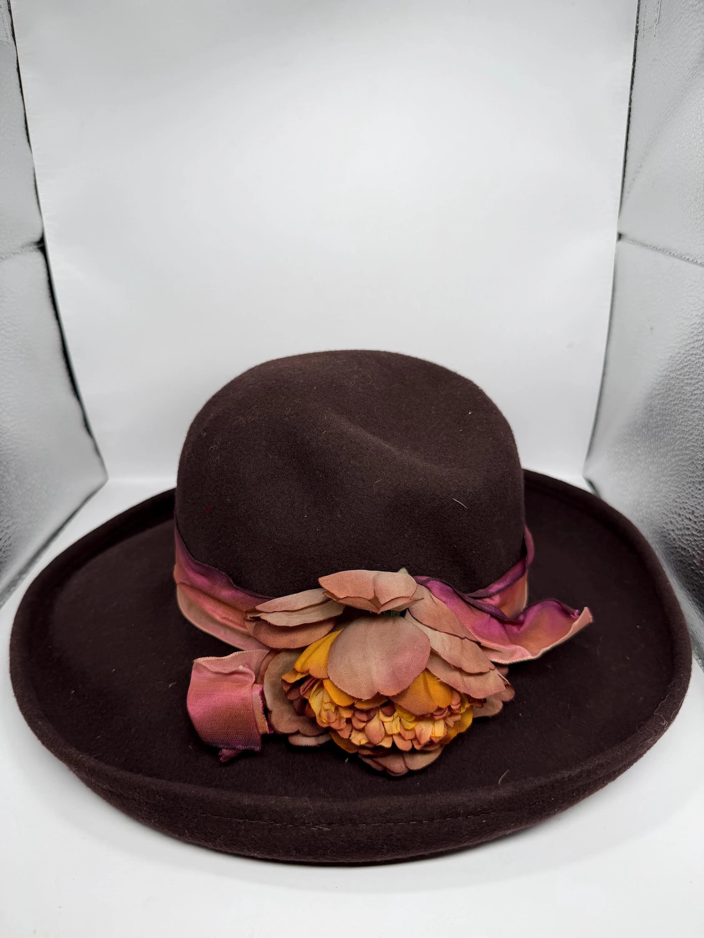 Vintage Wool Felt Cloche Hat: Chocolate Brown, Wide Brim, Peony Flower Accent