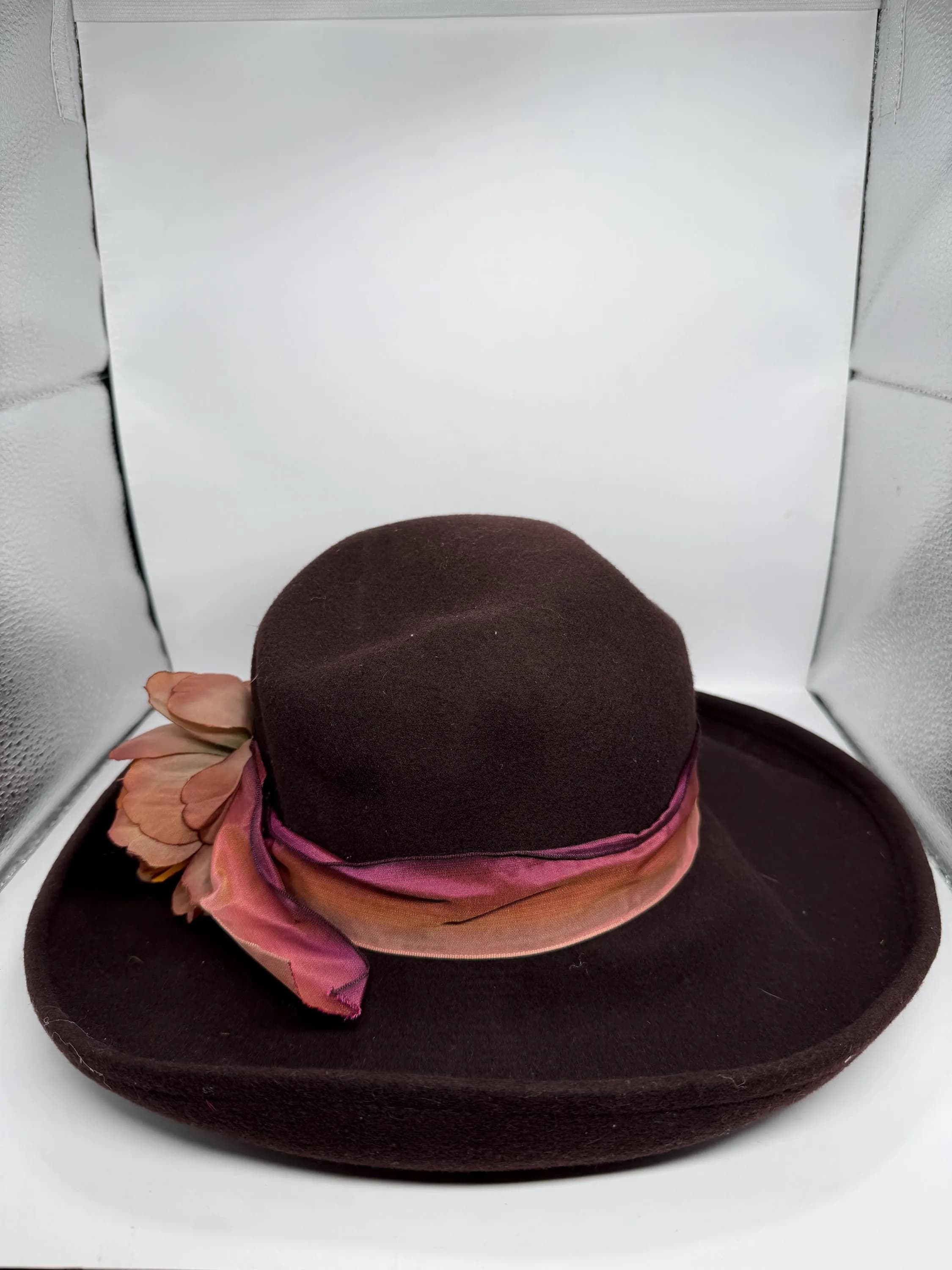 Vintage Wool Felt Cloche Hat: Chocolate Brown, Wide Brim, Peony Flower Accent - image 4