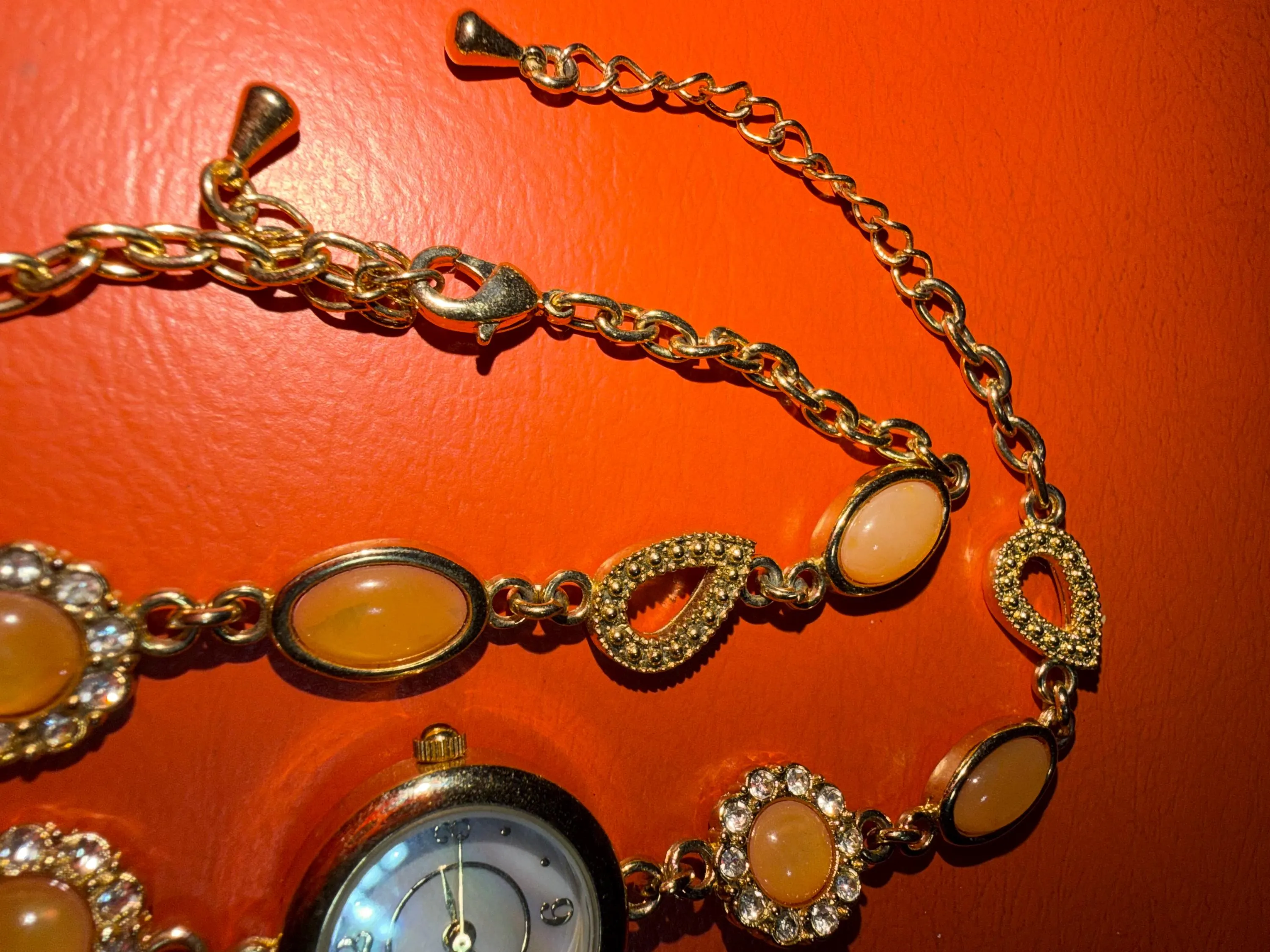 Vintage Gold Tone Cabochon Watch and Bracelet Set – Peach Orange Stone Dress Watch - image 5