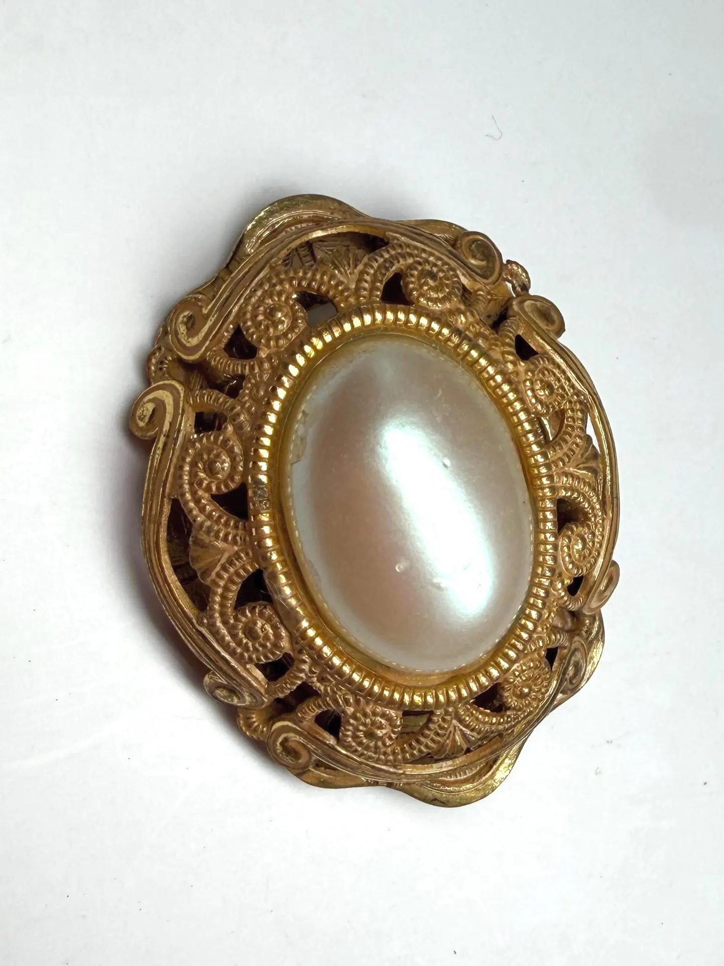 Signed Miriam Haskell Brooch, Faux Pearl Oval Cabochon, 1950s Gold Tone Filigree Jewelry