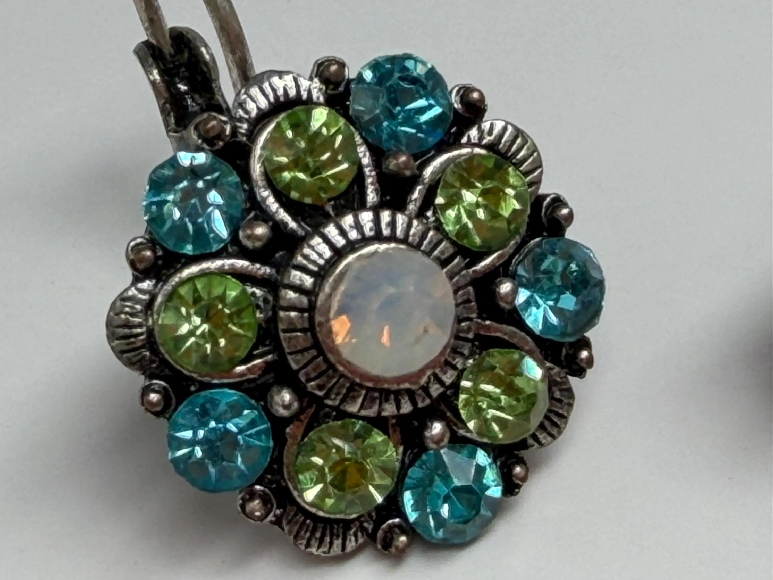 Vintage Bohemian Flower Earrings – Antiqued Pewter, Blue Green Crystal Opal - image 2