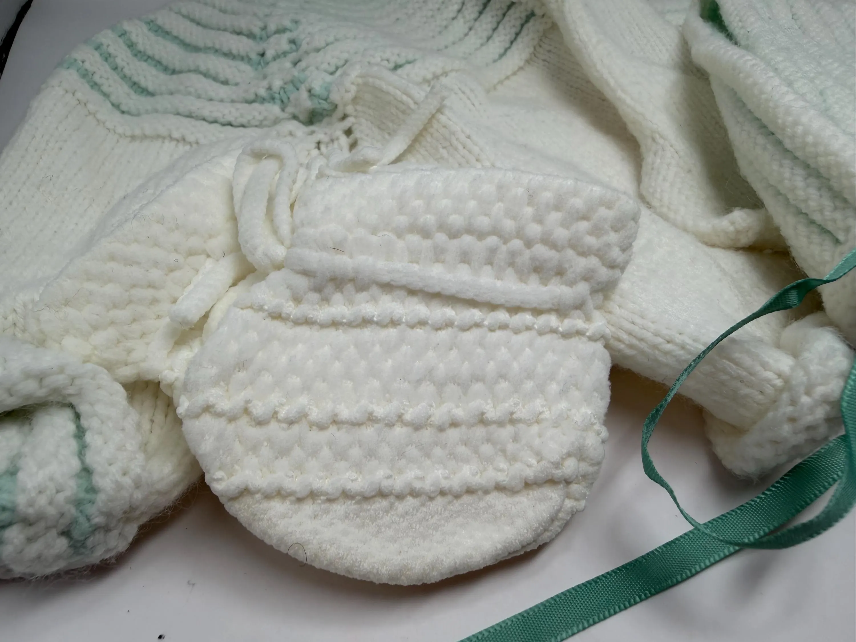 Newborn Knit Layette Set | Vintage Off-White Mint Green Bonnet, Blanket, Booties, Mittens - image 3