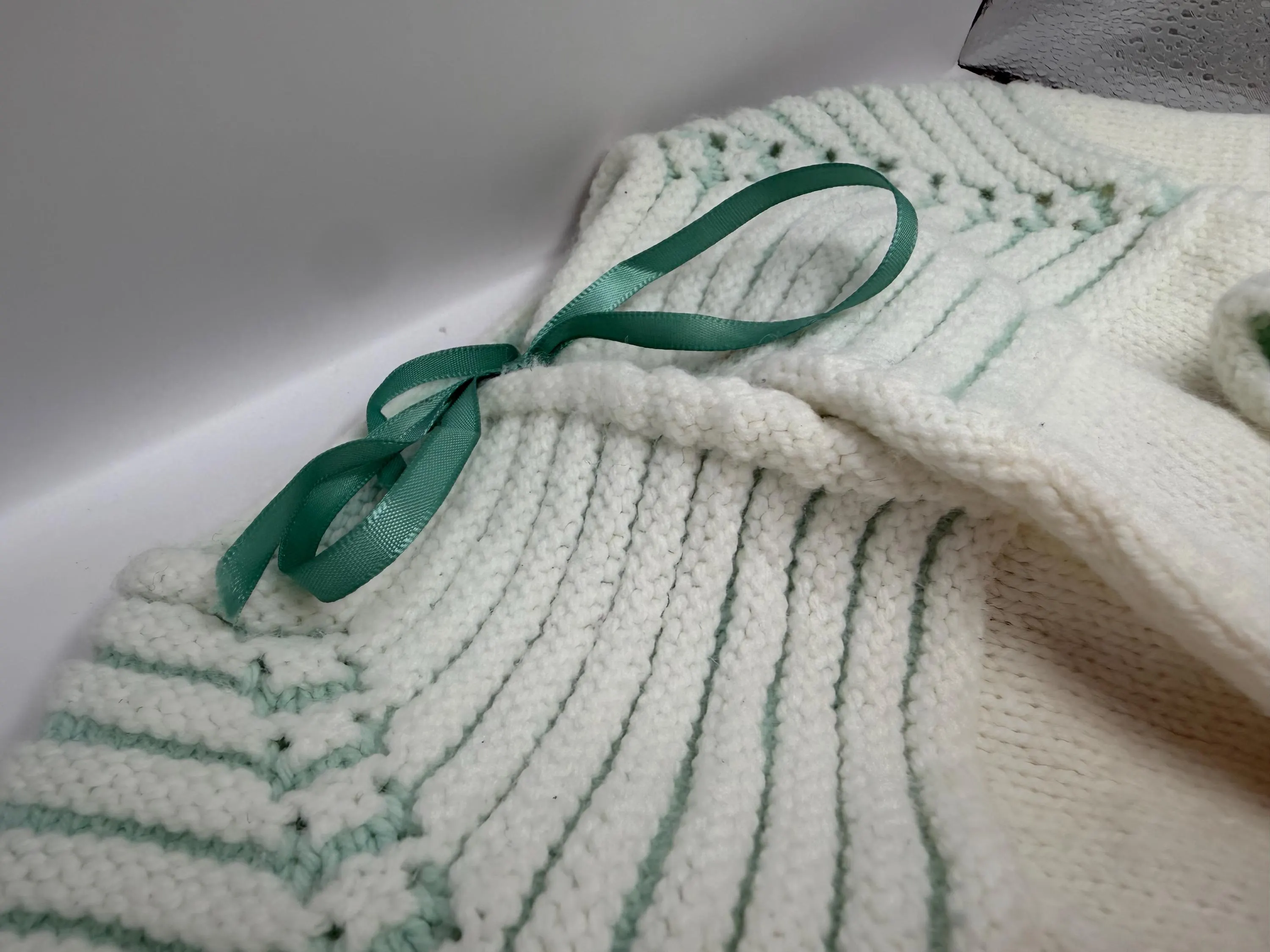 Newborn Knit Layette Set | Vintage Off-White Mint Green Bonnet, Blanket, Booties, Mittens - image 5