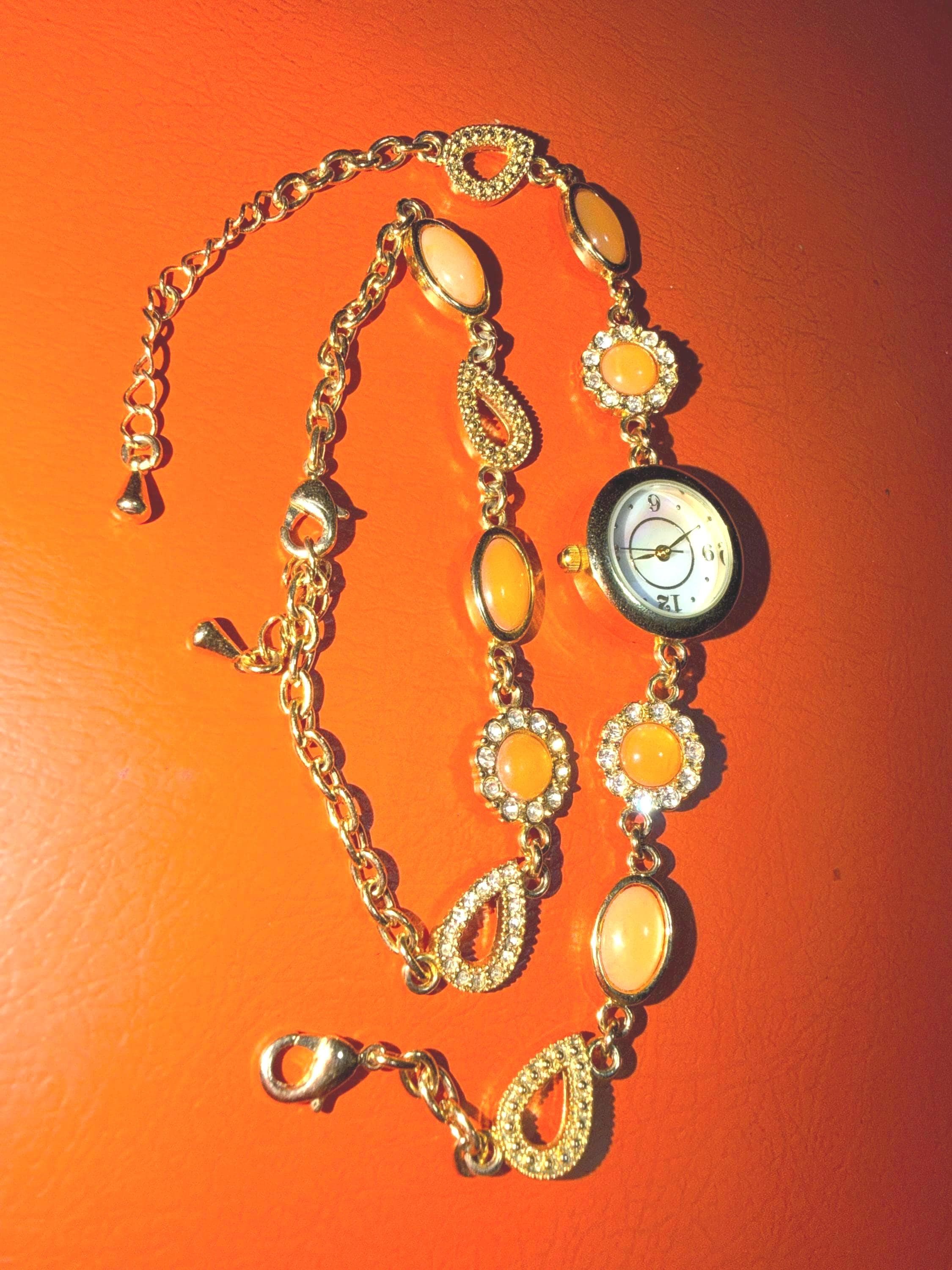 Vintage Gold Tone Cabochon Watch and Bracelet Set – Peach Orange Stone Dress Watch