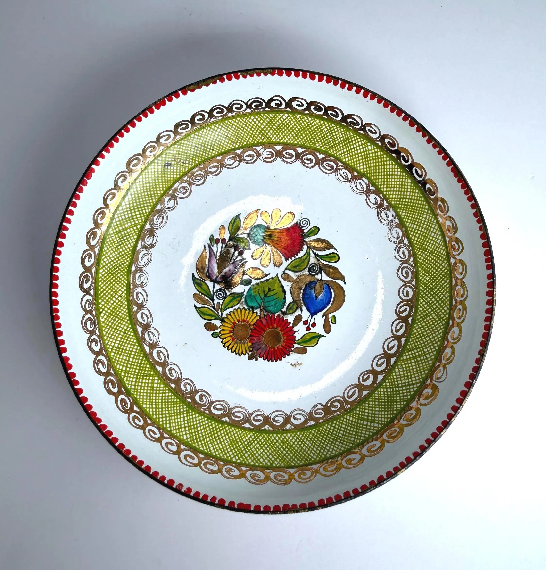 Vintage Austrian Hand Painted Enamel Bowl – Folk Floral Trinket Dish