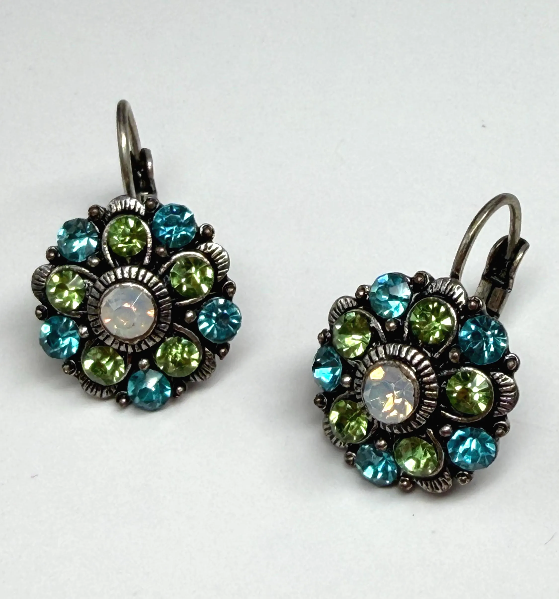 Vintage Bohemian Flower Earrings – Antiqued Pewter, Blue Green Crystal Opal