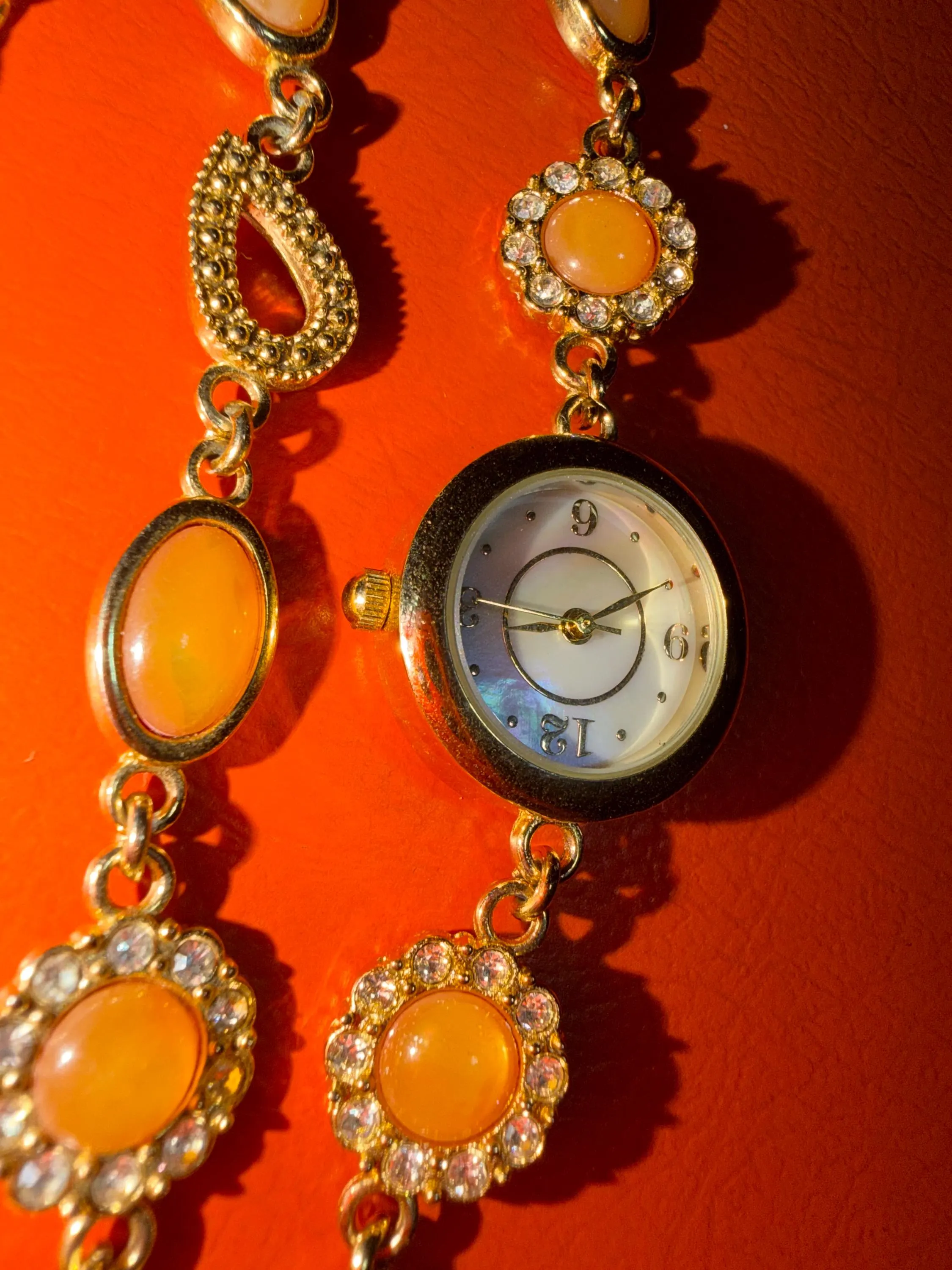 Vintage Gold Tone Cabochon Watch and Bracelet Set – Peach Orange Stone Dress Watch - image 3