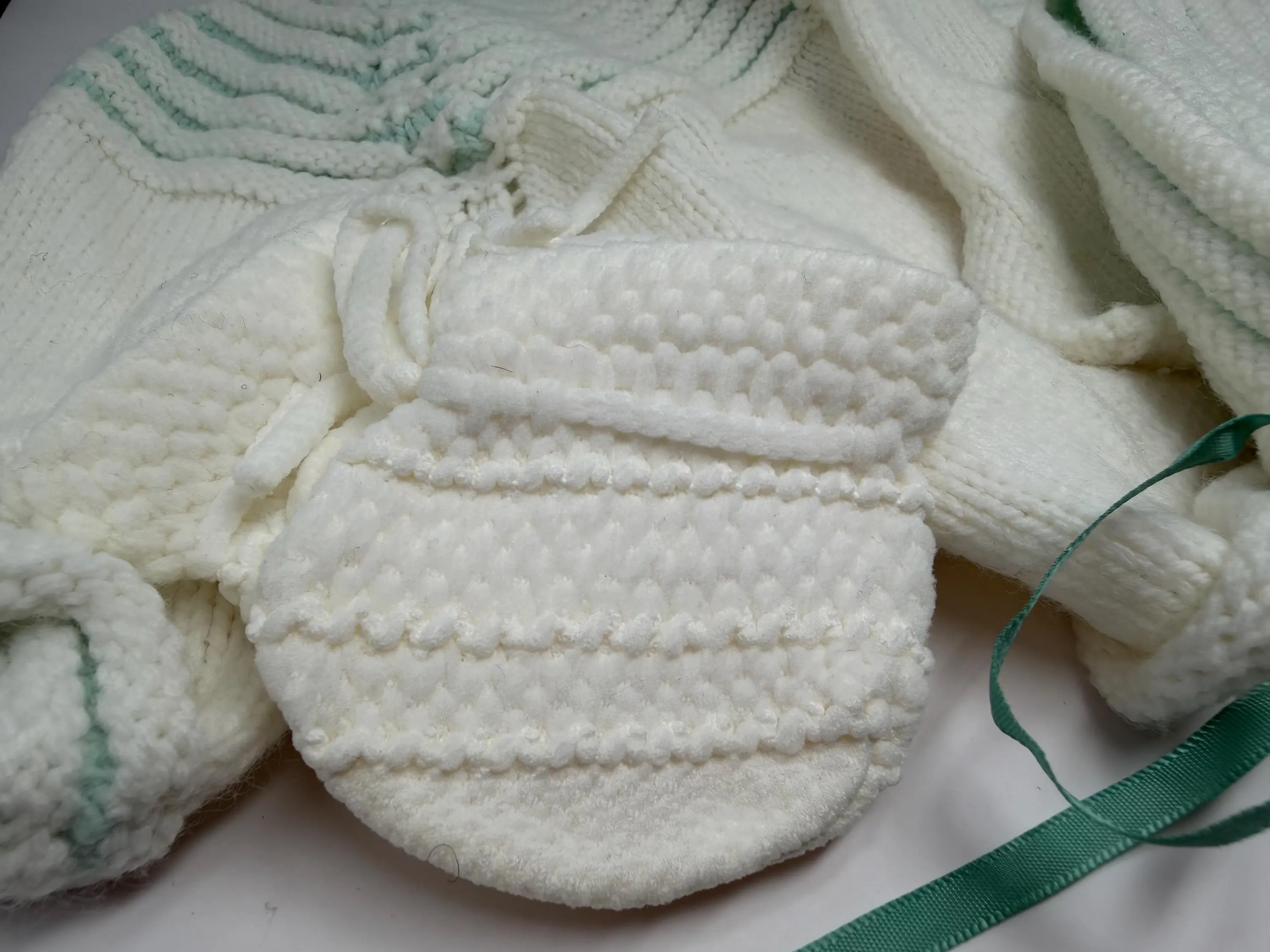 Newborn Knit Layette Set | Vintage Off-White Mint Green Bonnet, Blanket, Booties, Mittens - image 4
