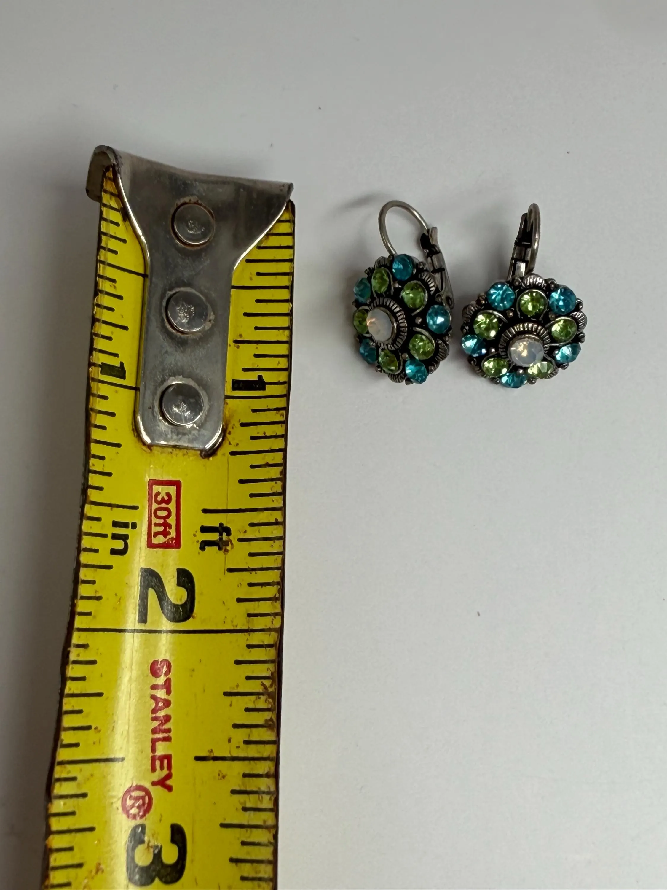 Vintage Bohemian Flower Earrings – Antiqued Pewter, Blue Green Crystal Opal - image 4