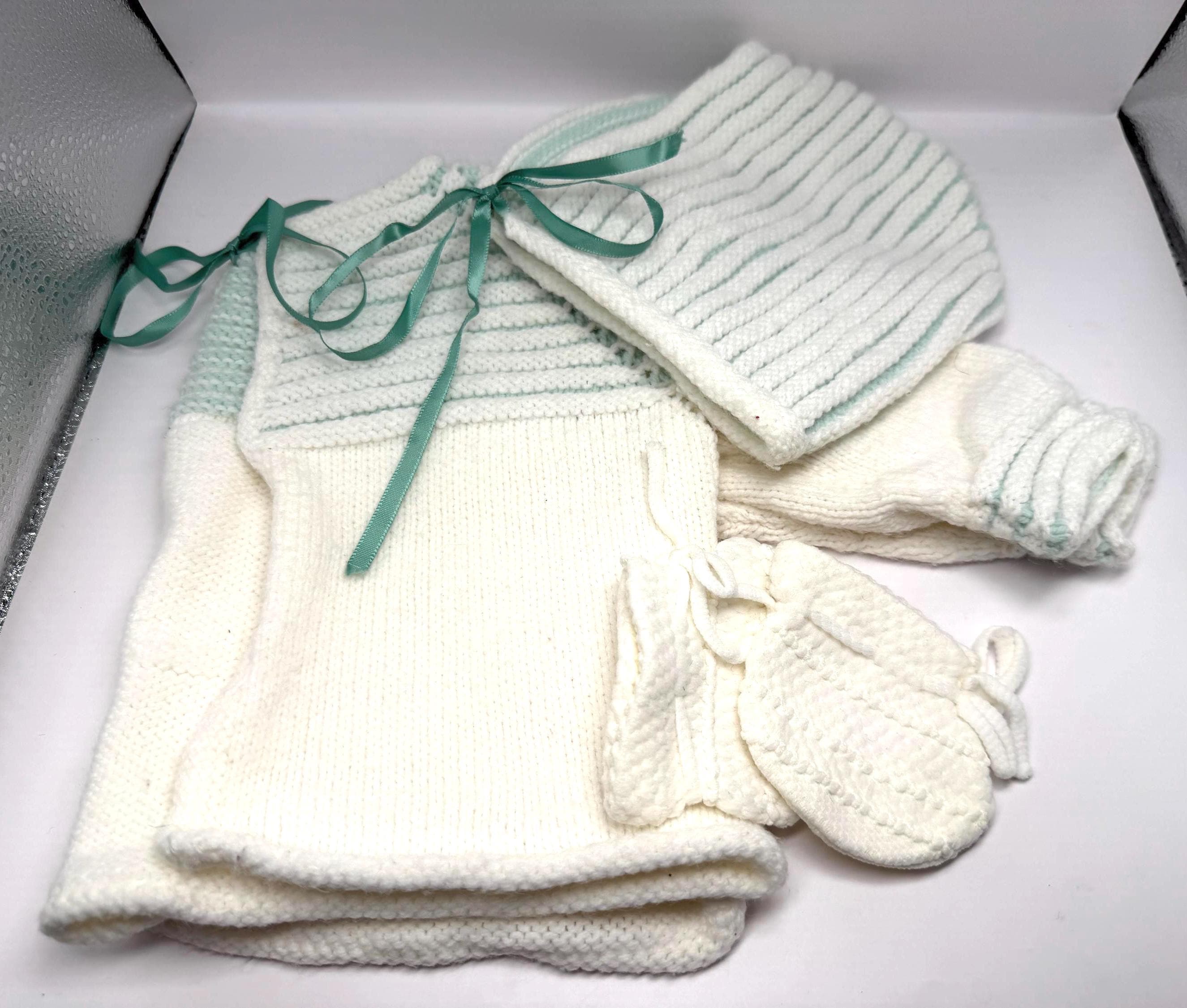 Newborn Knit Layette Set | Vintage Off-White Mint Green Bonnet, Blanket, Booties, Mittens