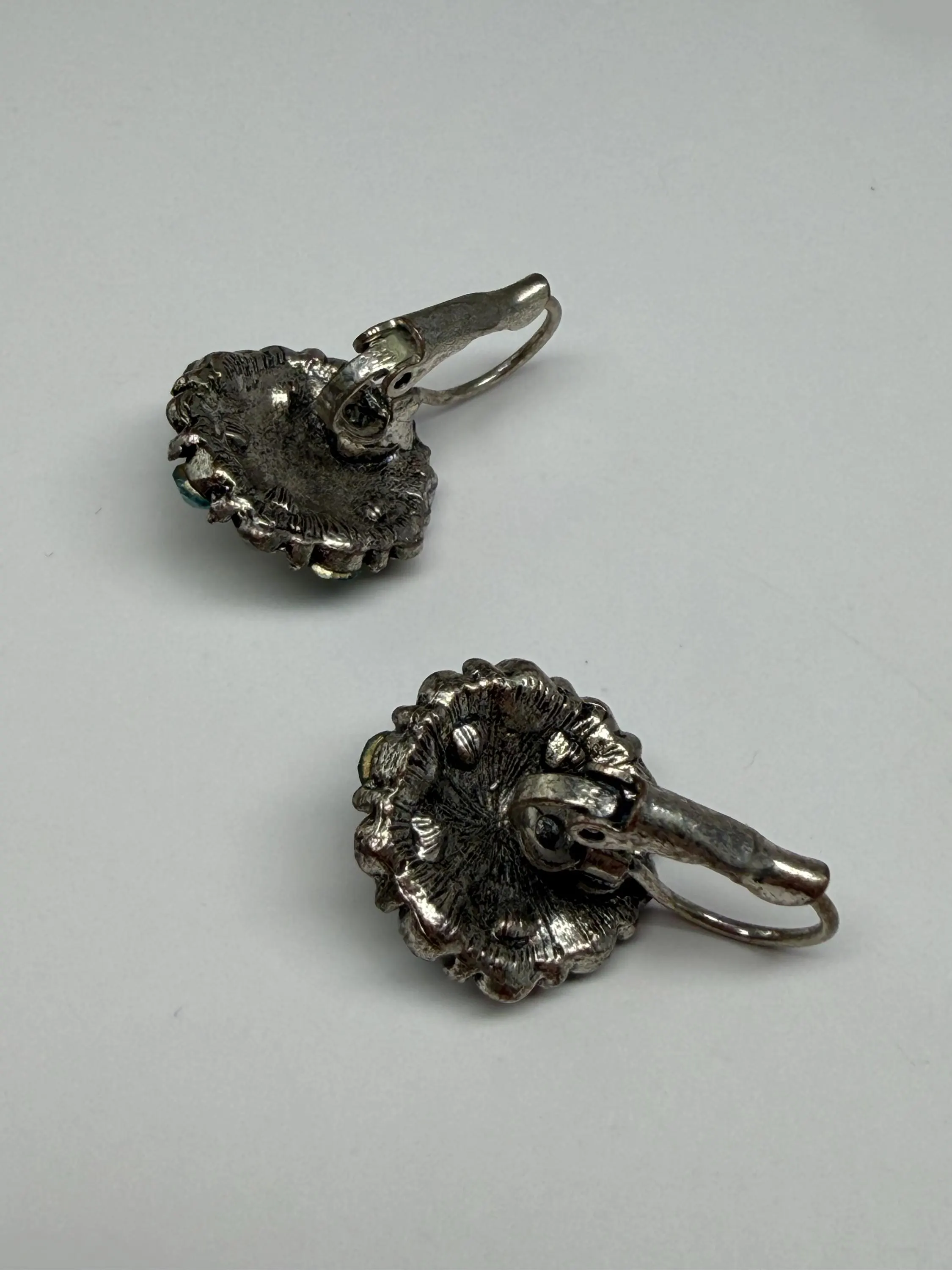 Vintage Bohemian Flower Earrings – Antiqued Pewter, Blue Green Crystal Opal - image 3