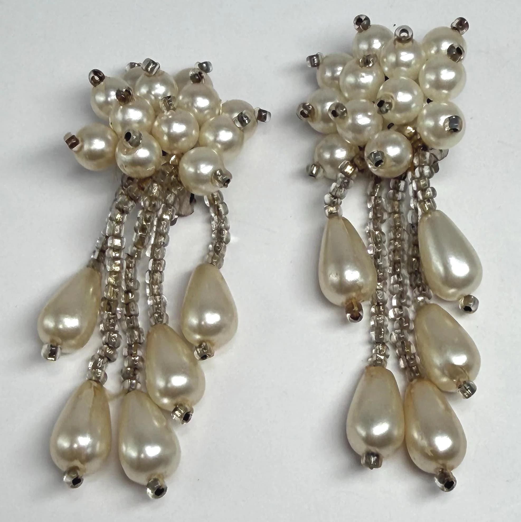 clip on pearl cluster earrings vintage 80s wedding jewelry