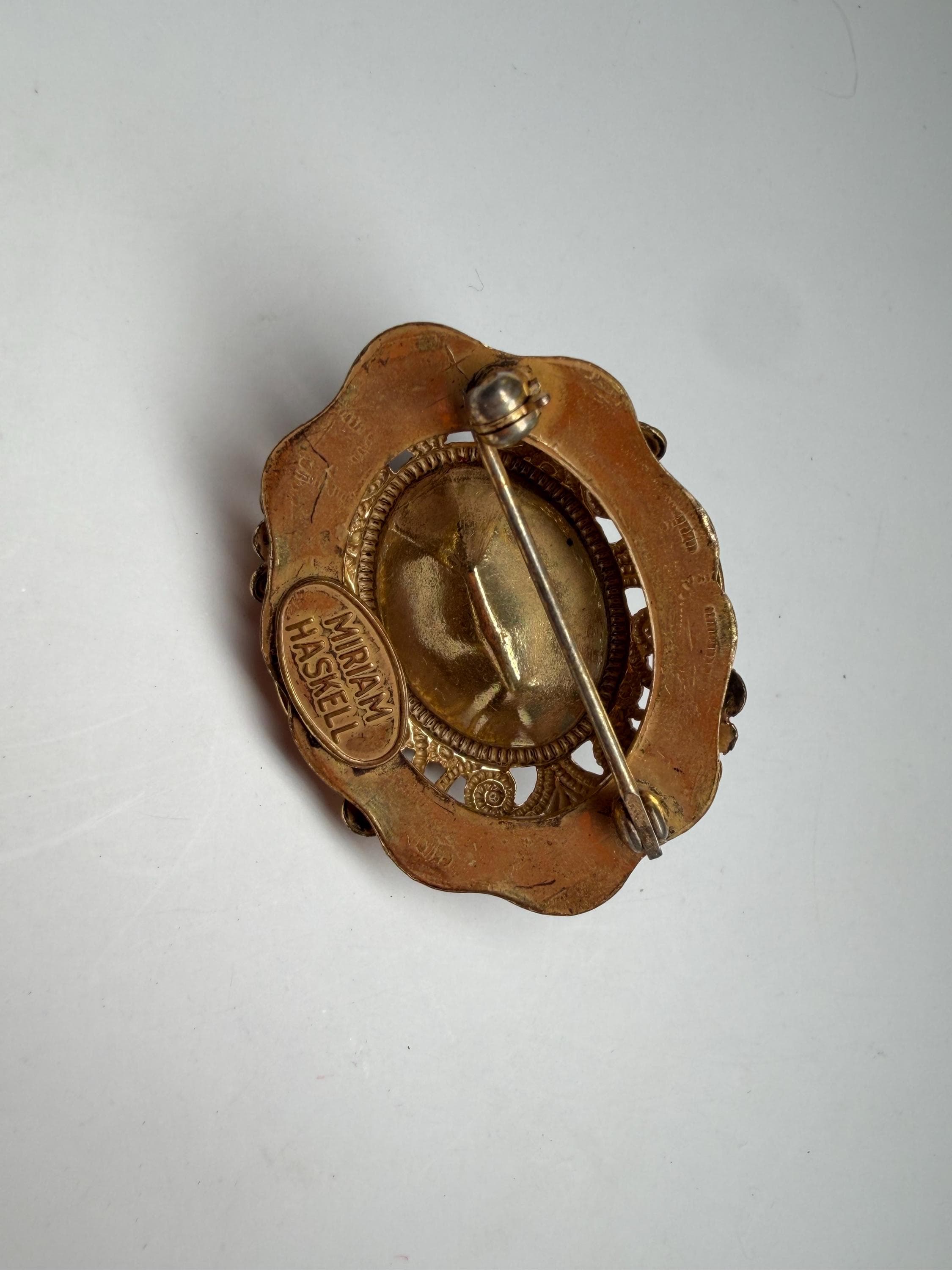 Signed Miriam Haskell Brooch, Faux Pearl Oval Cabochon, 1950s Gold Tone Filigree Jewelry - image 2