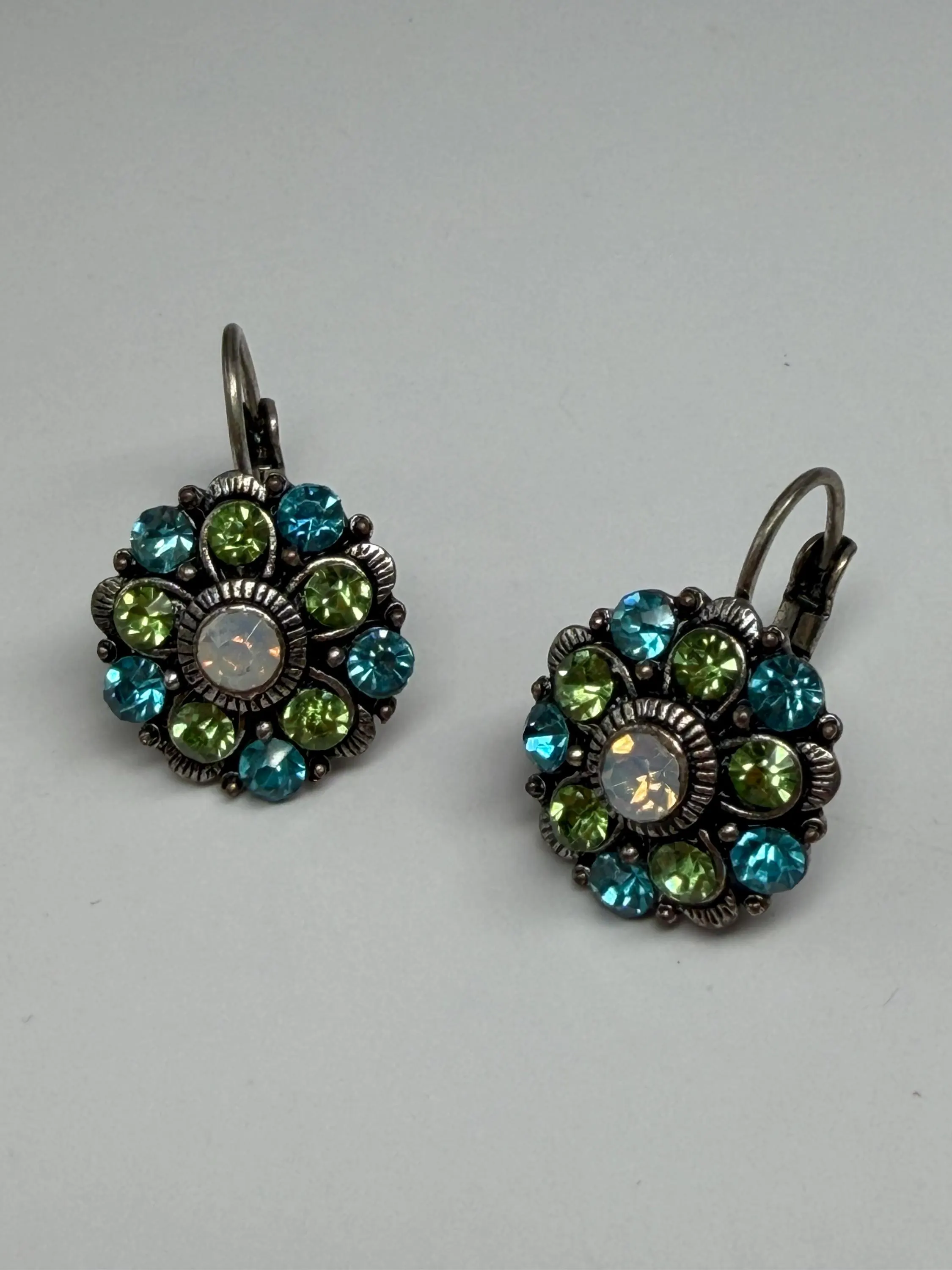 Vintage Bohemian Flower Earrings – Antiqued Pewter, Blue Green Crystal Opal - image 5