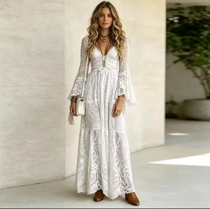 Boho Lace Maxi Dress | Ivory Long Sleeve Dress | Vintage Inspired Wedding Dress | Romantic Summer Dress | Flowy Lace Gown - image 4