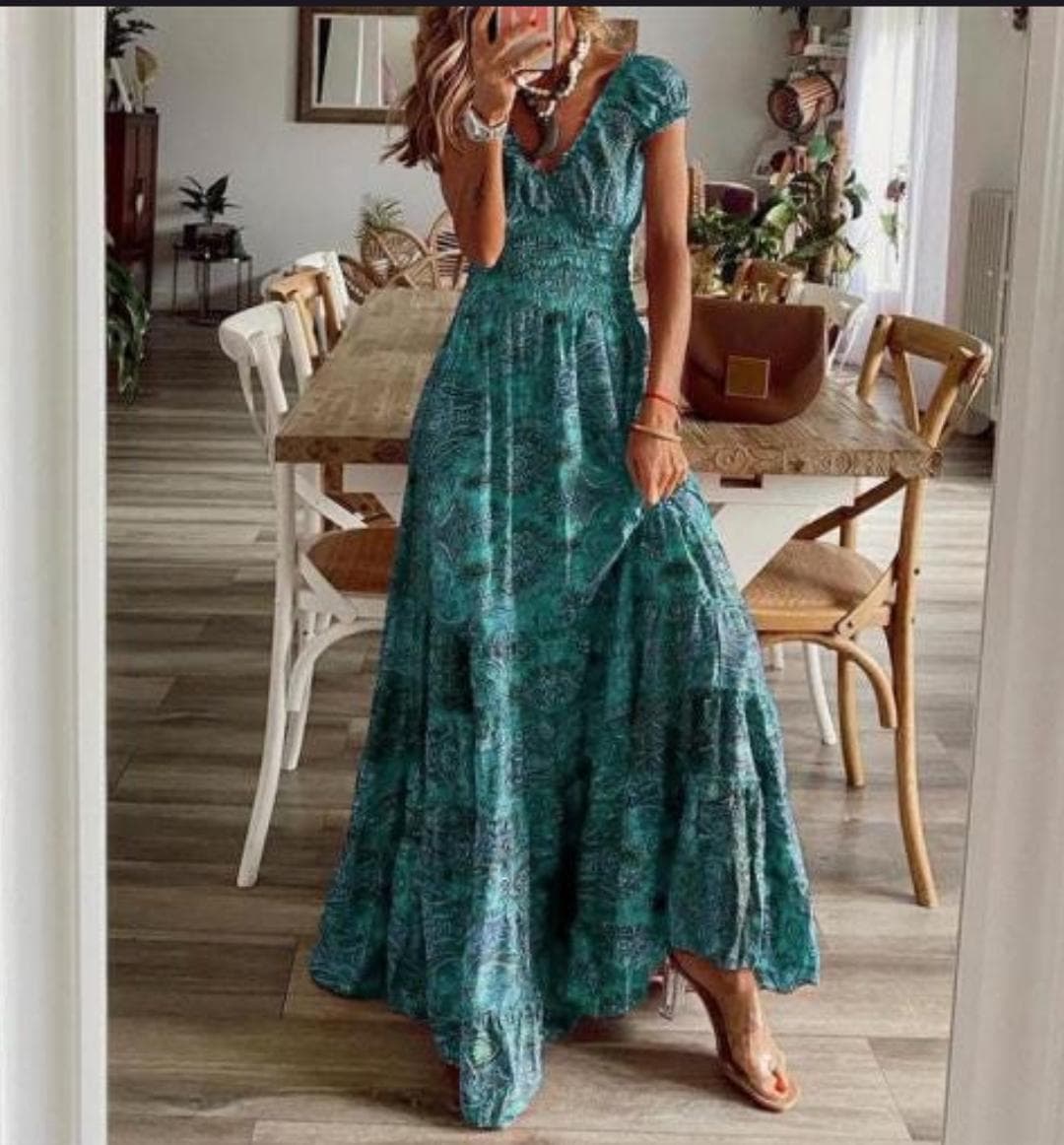 Boho Paisley Print Maxi Dress, Smocked Waist Cap Sleeve Summer Flowy Vacation Party Dress