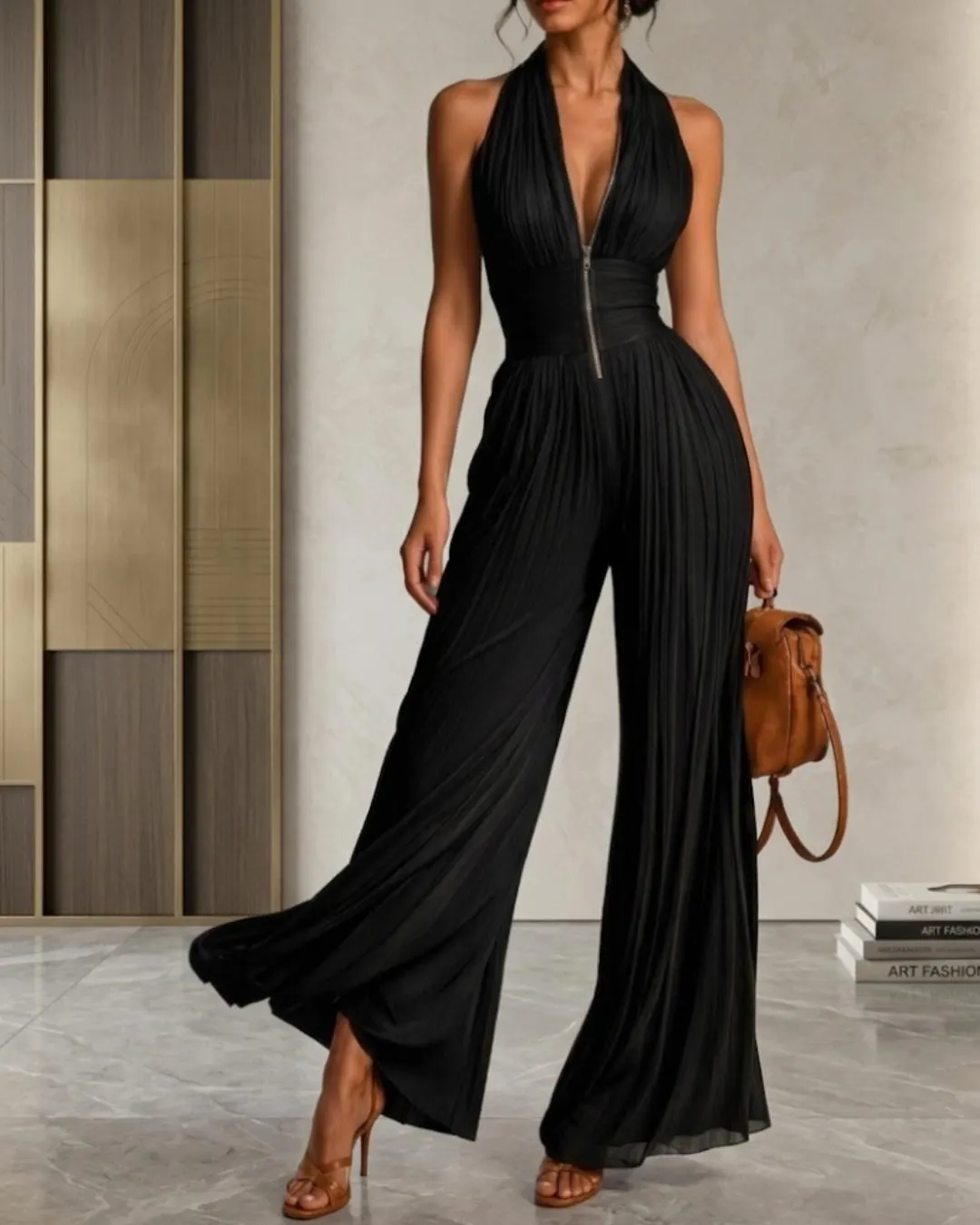 Halter Wide Leg Jumpsuit | Pleated Zip Front Elegant Evening Outfit - image 3