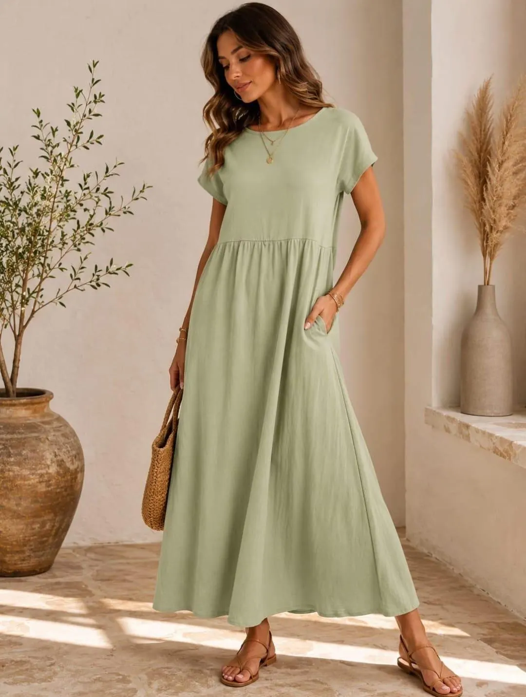 Womens Cap Sleeve Maxi Dress, Tiered Swing Summer Sundress, Casual Boho A-Line Pockets - image 3