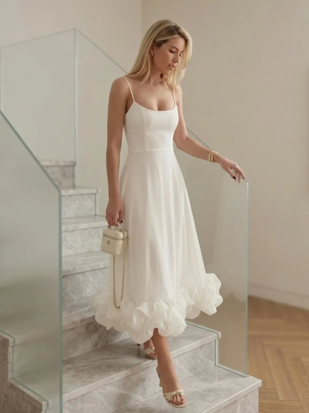Ruffle Hem Midi Dress, Spaghetti Strap A-Line, Rosette Tulle Cocktail Dress, Elegant Wedding Guest