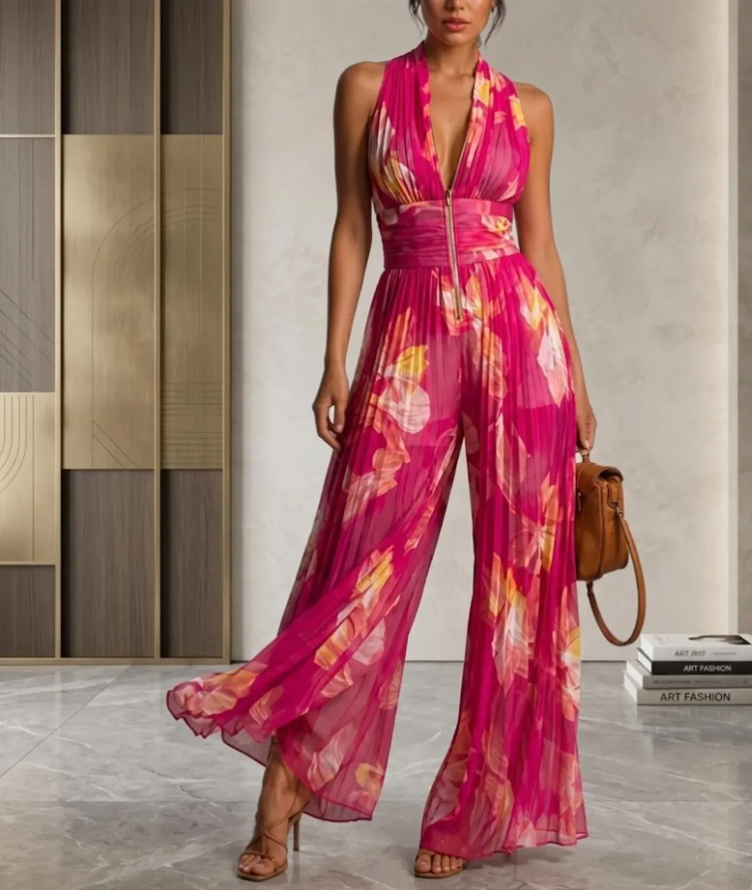 Halter Wide Leg Jumpsuit | Pleated Zip Front Elegant Evening Outfit - image 5