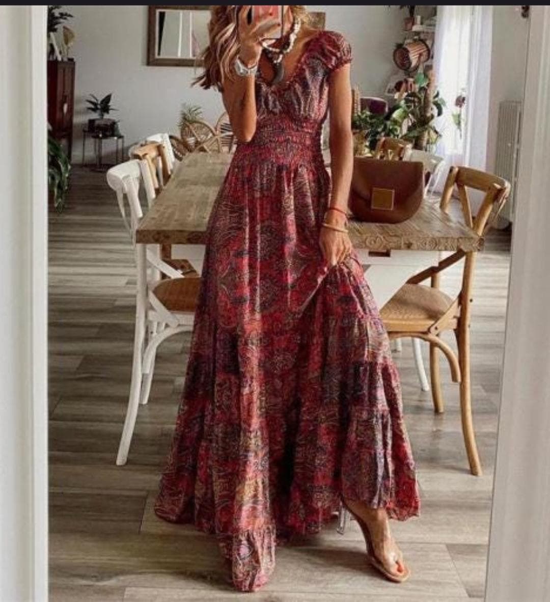 Boho Paisley Print Maxi Dress, Smocked Waist Cap Sleeve Summer Flowy Vacation Party Dress - image 3