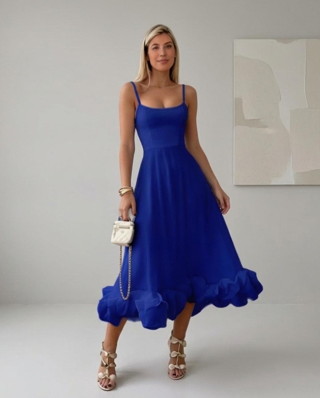 Ruffle Hem Midi Dress, Spaghetti Strap A-Line, Rosette Tulle Cocktail Dress, Elegant Wedding Guest - image 5
