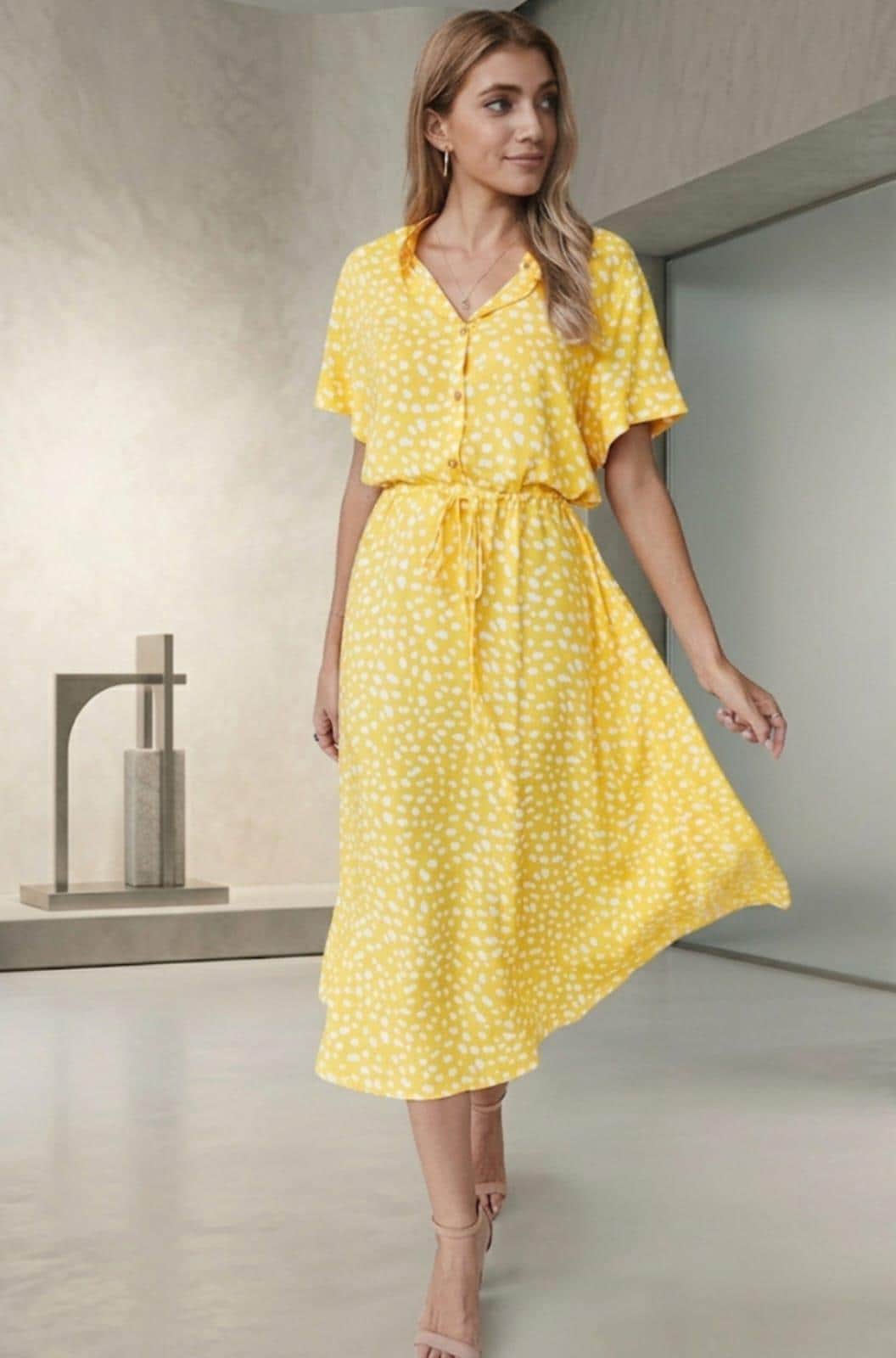 Boho Dot Print Midi Shirt Dress | V Neck Button Down Belted Summer Dress