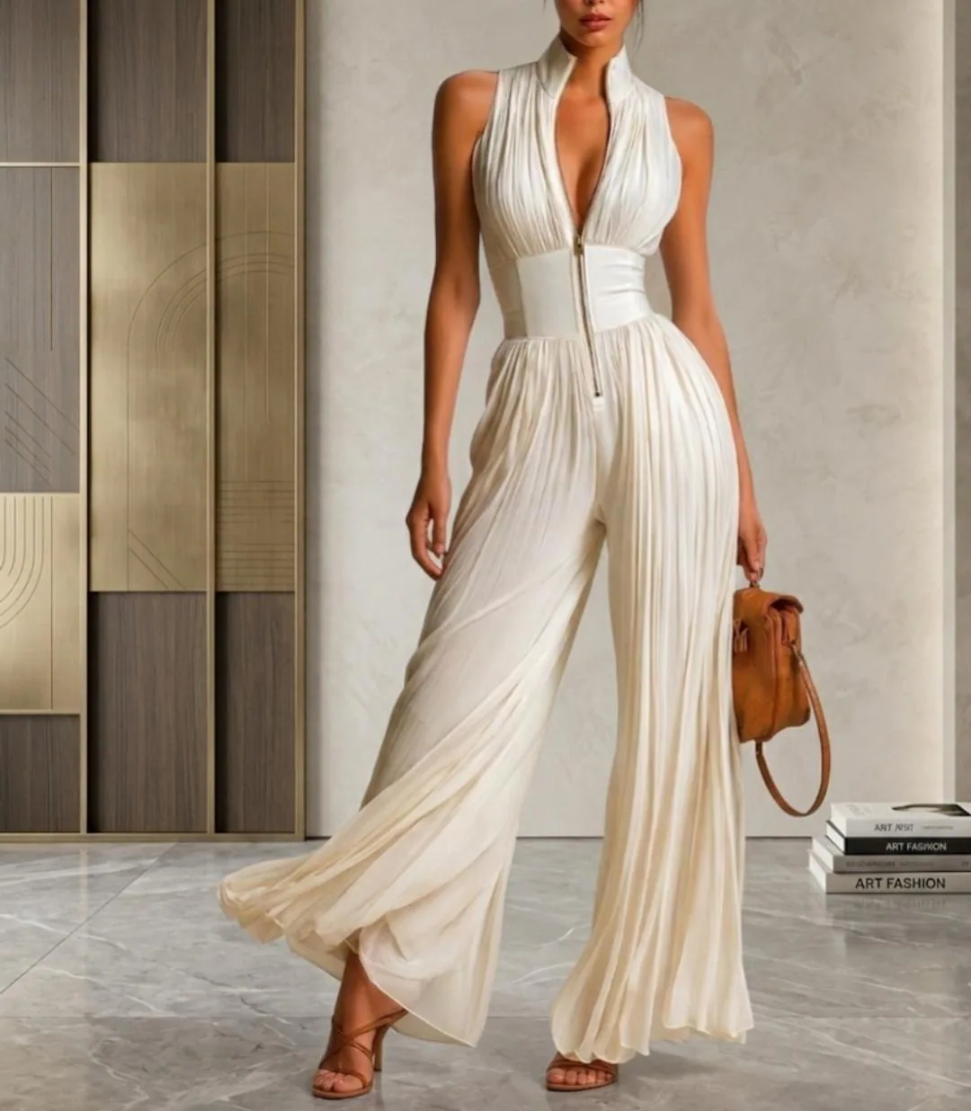 Halter Wide Leg Jumpsuit | Pleated Zip Front Elegant Evening Outfit - image 2
