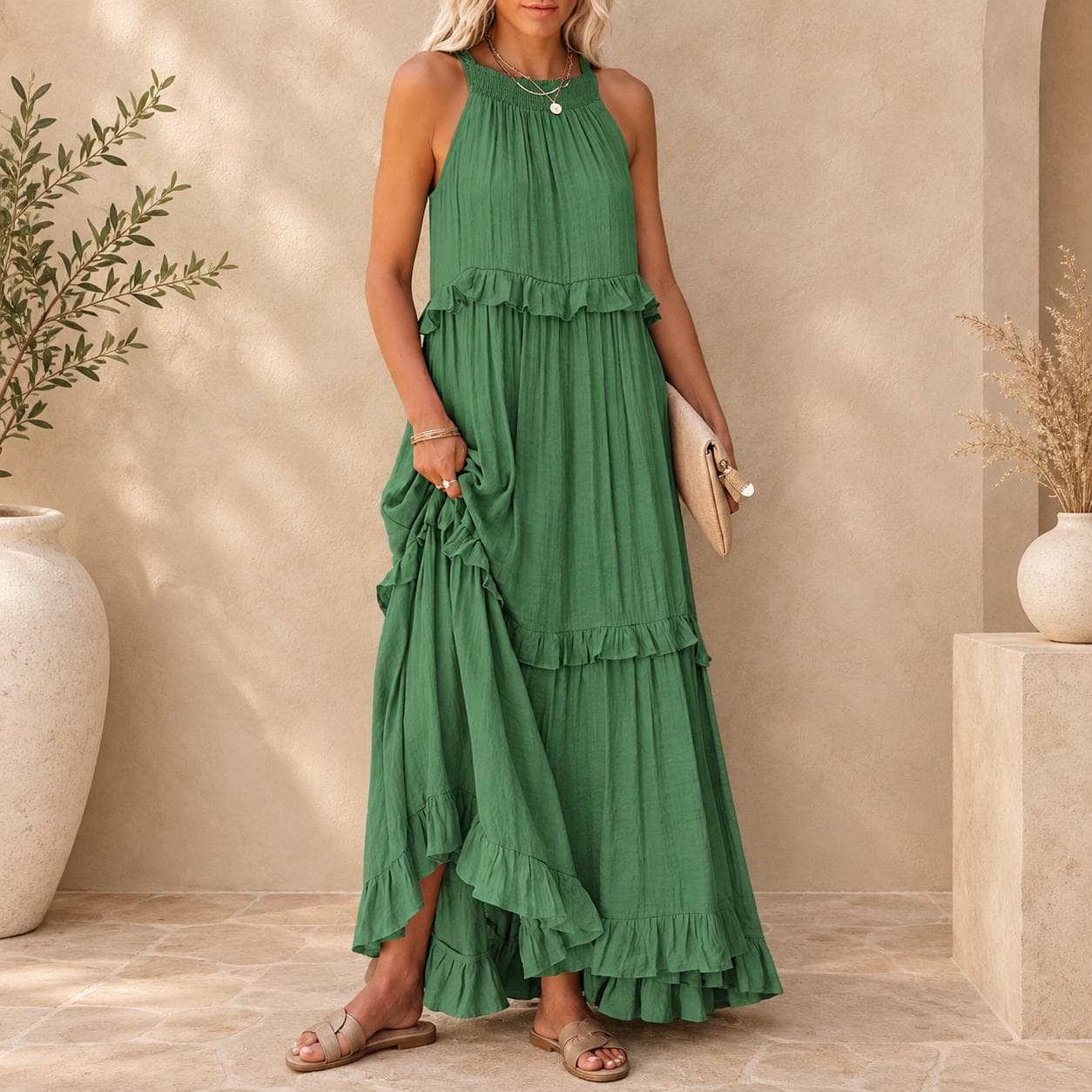 Boho Tiered Ruffle Maxi Dress, Sleeveless Halter Summer Dress - image 2