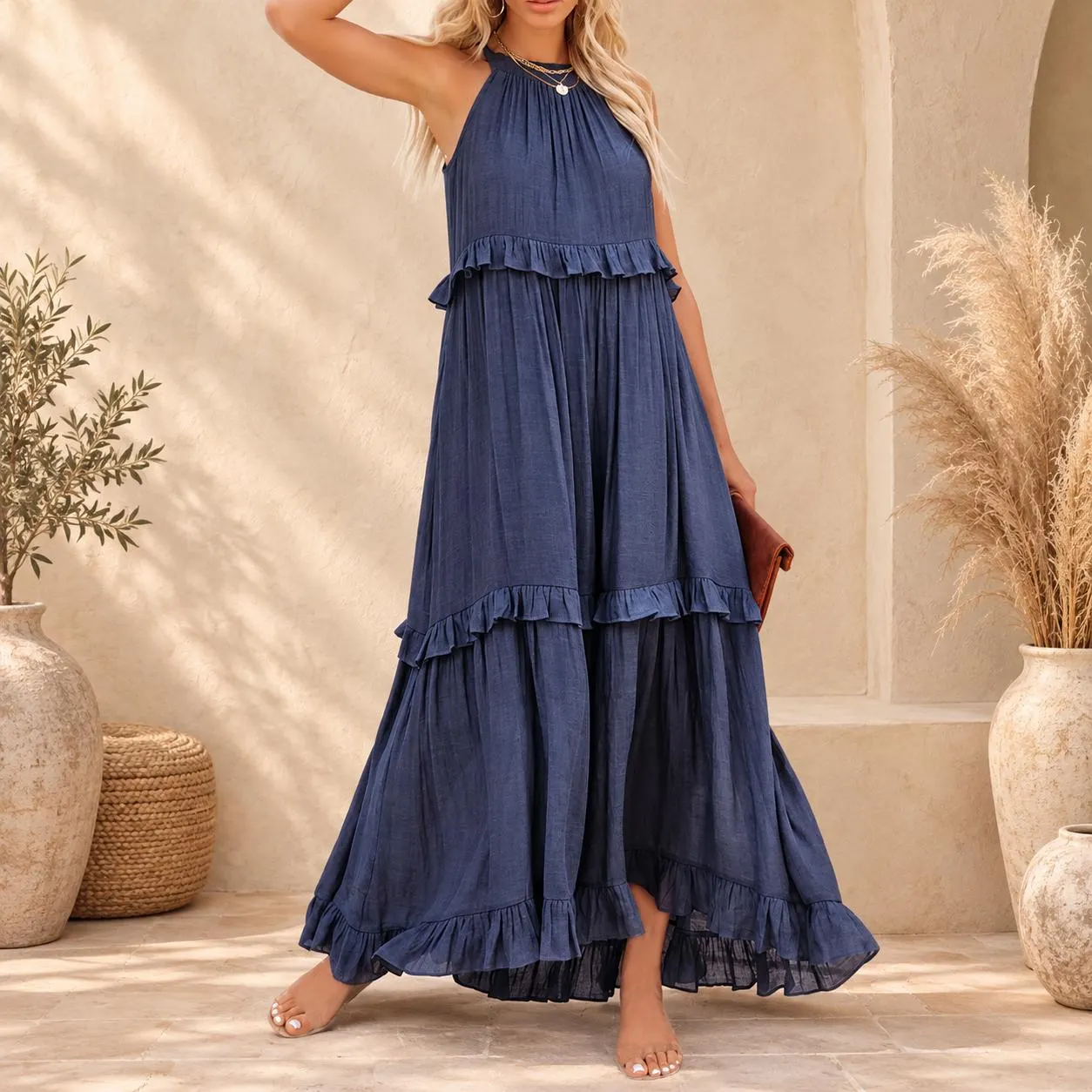 Boho Tiered Ruffle Maxi Dress, Sleeveless Halter Summer Dress - image 5