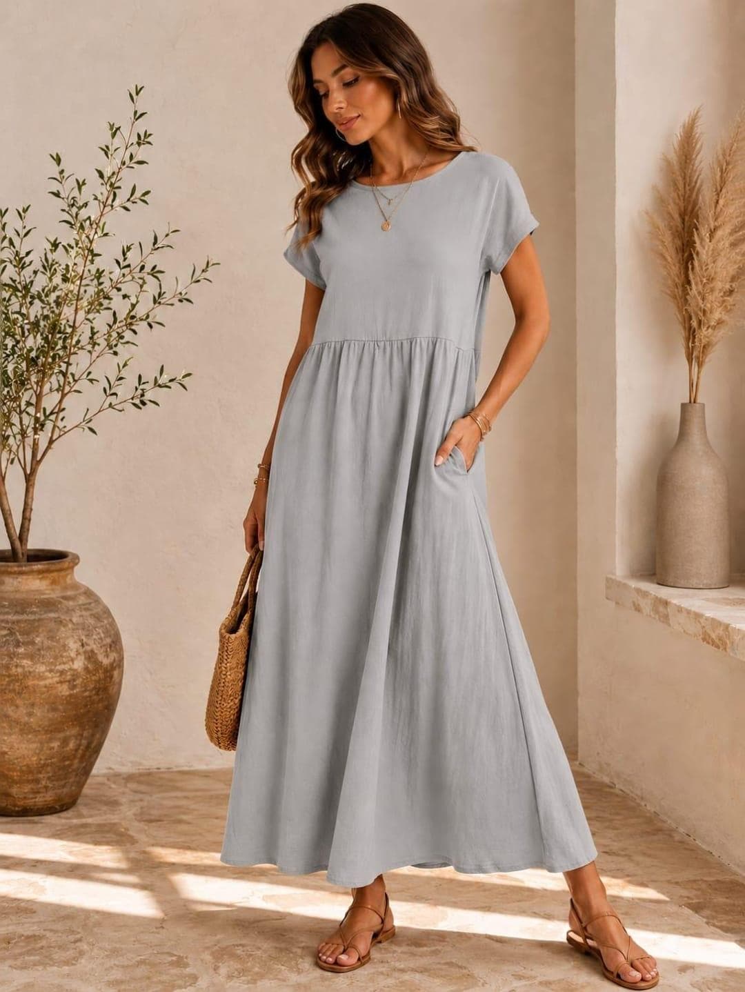 Womens Cap Sleeve Maxi Dress, Tiered Swing Summer Sundress, Casual Boho A-Line Pockets - image 5