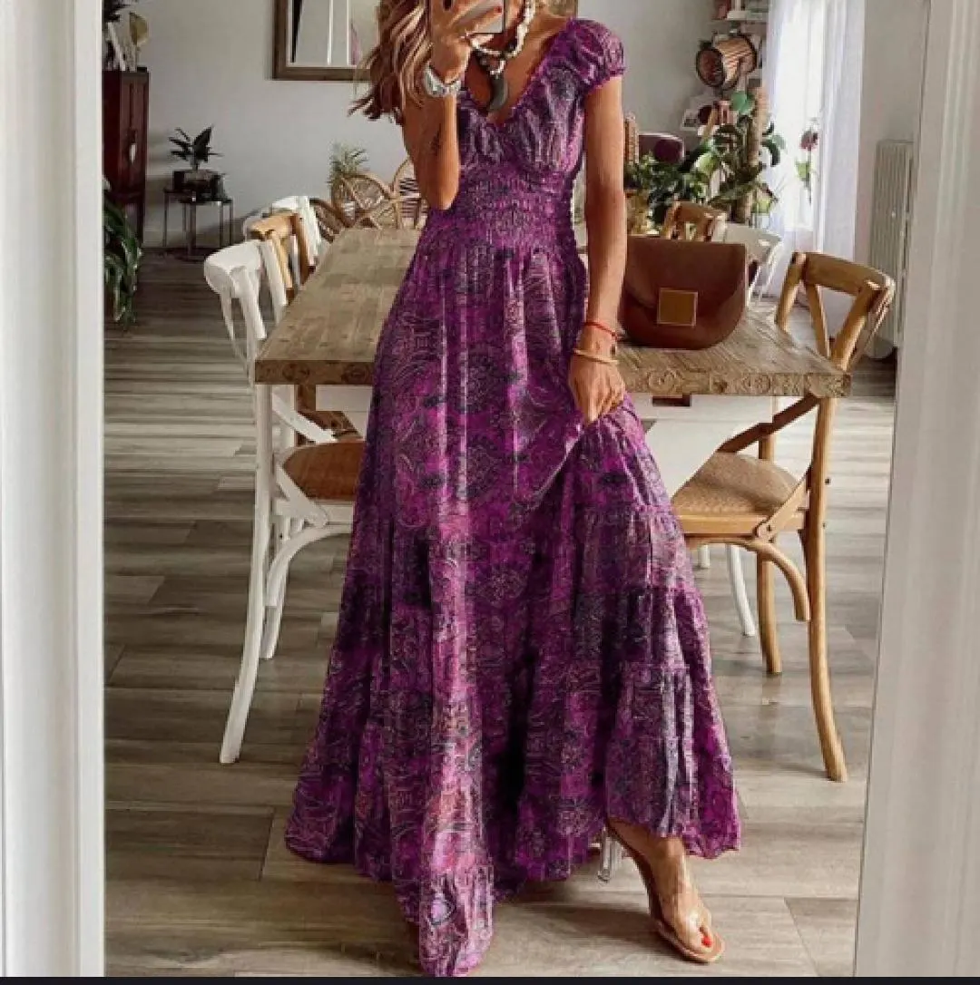 Boho Paisley Print Maxi Dress, Smocked Waist Cap Sleeve Summer Flowy Vacation Party Dress - image 5