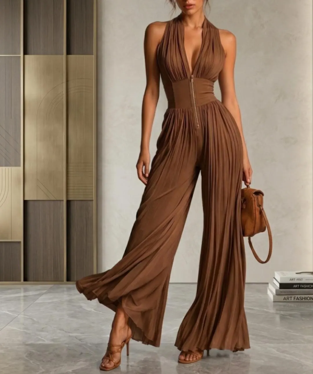 Halter Wide Leg Jumpsuit | Pleated Zip Front Elegant Evening Outfit - image 4