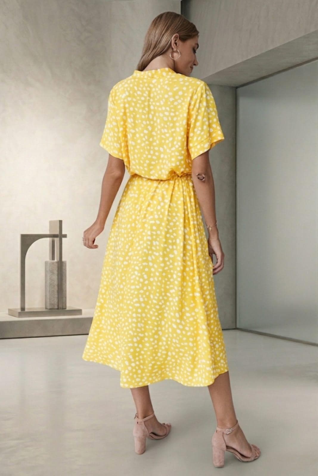 Boho Dot Print Midi Shirt Dress | V Neck Button Down Belted Summer Dress - image 2
