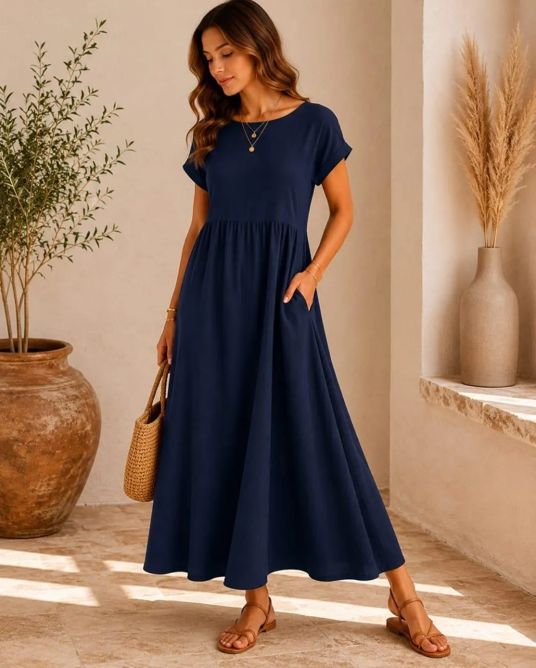 Womens Cap Sleeve Maxi Dress, Tiered Swing Summer Sundress, Casual Boho A-Line Pockets