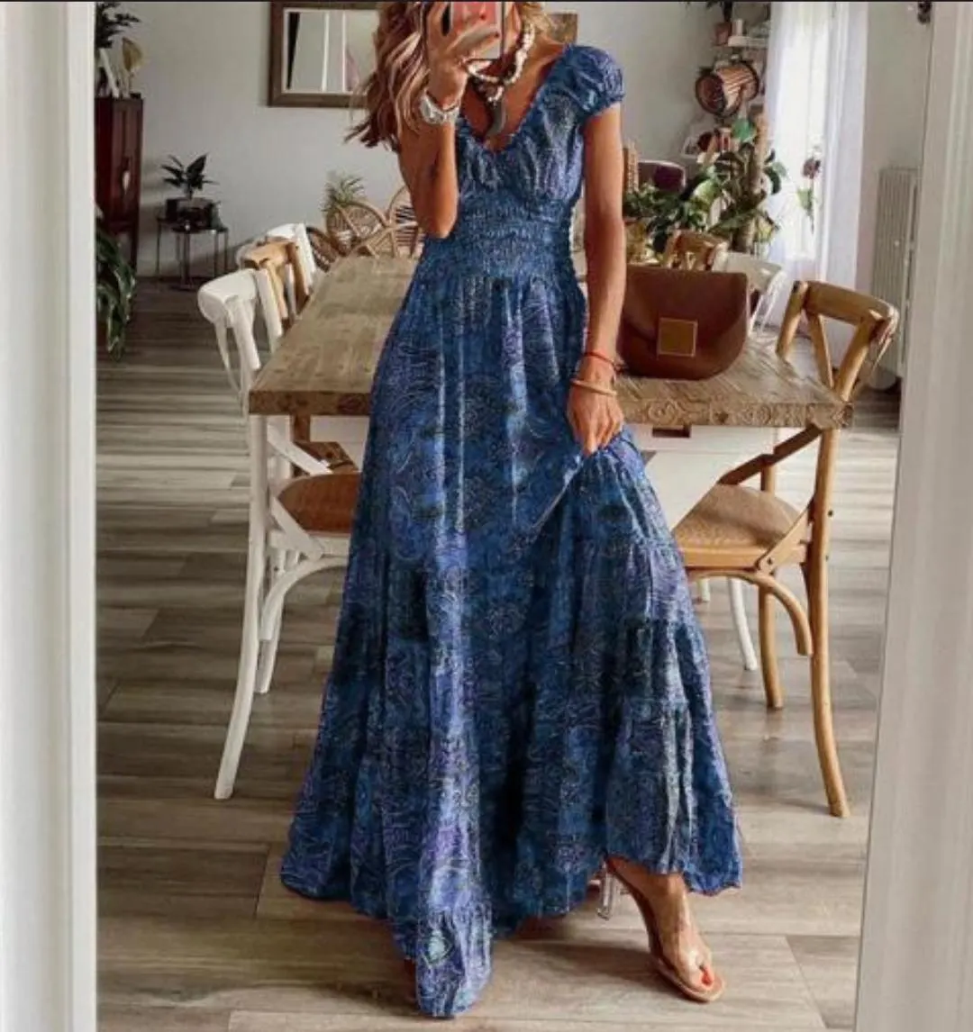 Boho Paisley Print Maxi Dress, Smocked Waist Cap Sleeve Summer Flowy Vacation Party Dress - image 2