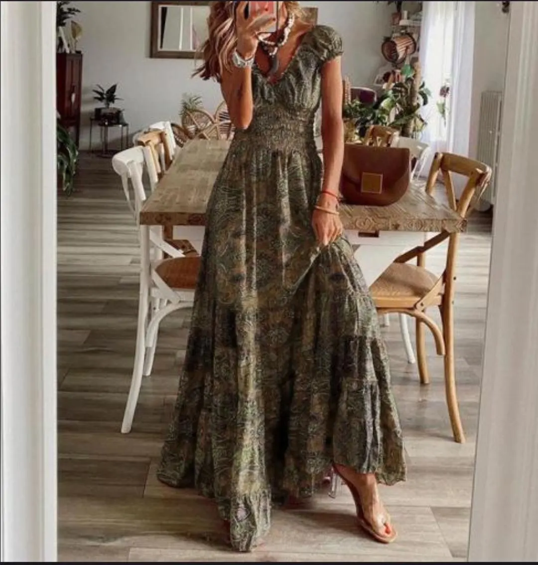 Boho Paisley Print Maxi Dress, Smocked Waist Cap Sleeve Summer Flowy Vacation Party Dress - image 4