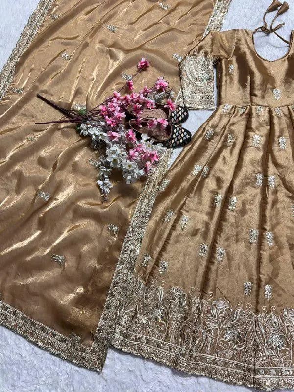 Golden Anarkali Suit, Silk Salwar Kameez, Indian Wedding Dress, Heavy Embroidered Festival Gown, Traditional Kurta Set with Tissue Dupatta - image 5