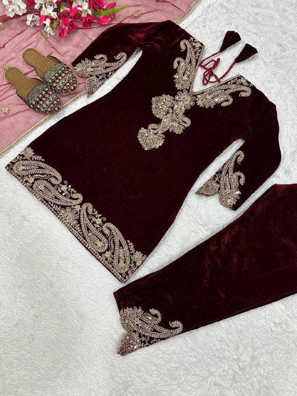 Maroon Velvet Pant Top Dupatta Set, Elegant 3 Piece Indian Ethnic Outfit, Embroidered Pakistani Party Wear, Traditional Wedding Guest Dress - image 3