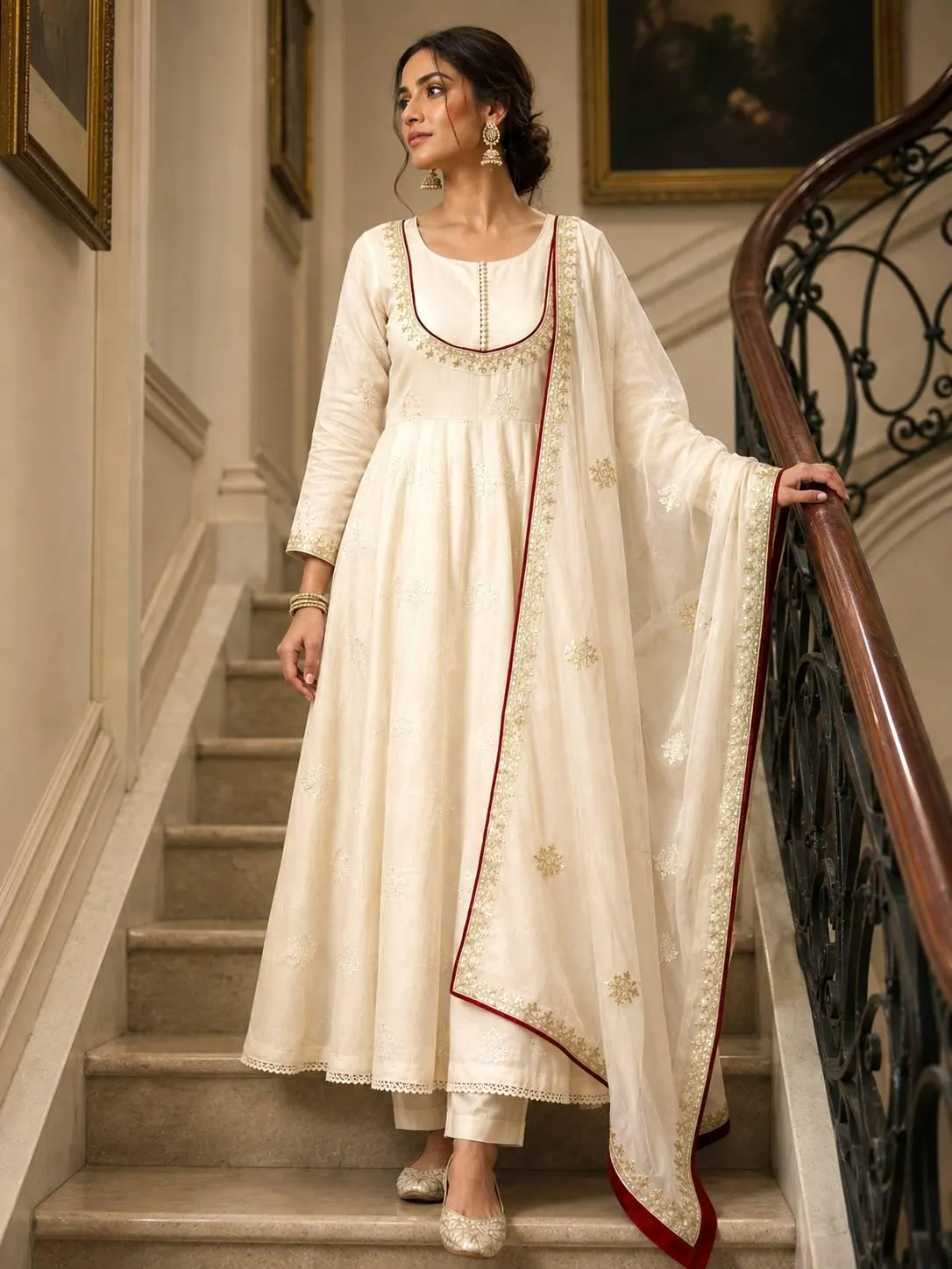 Ivory Anarkali Suit with Dupatta, Pakistani Dress, Embroidered Indian Outfit, Traditional 3 Piece Suit, Wedding Guest Ethnic Wear - image 3
