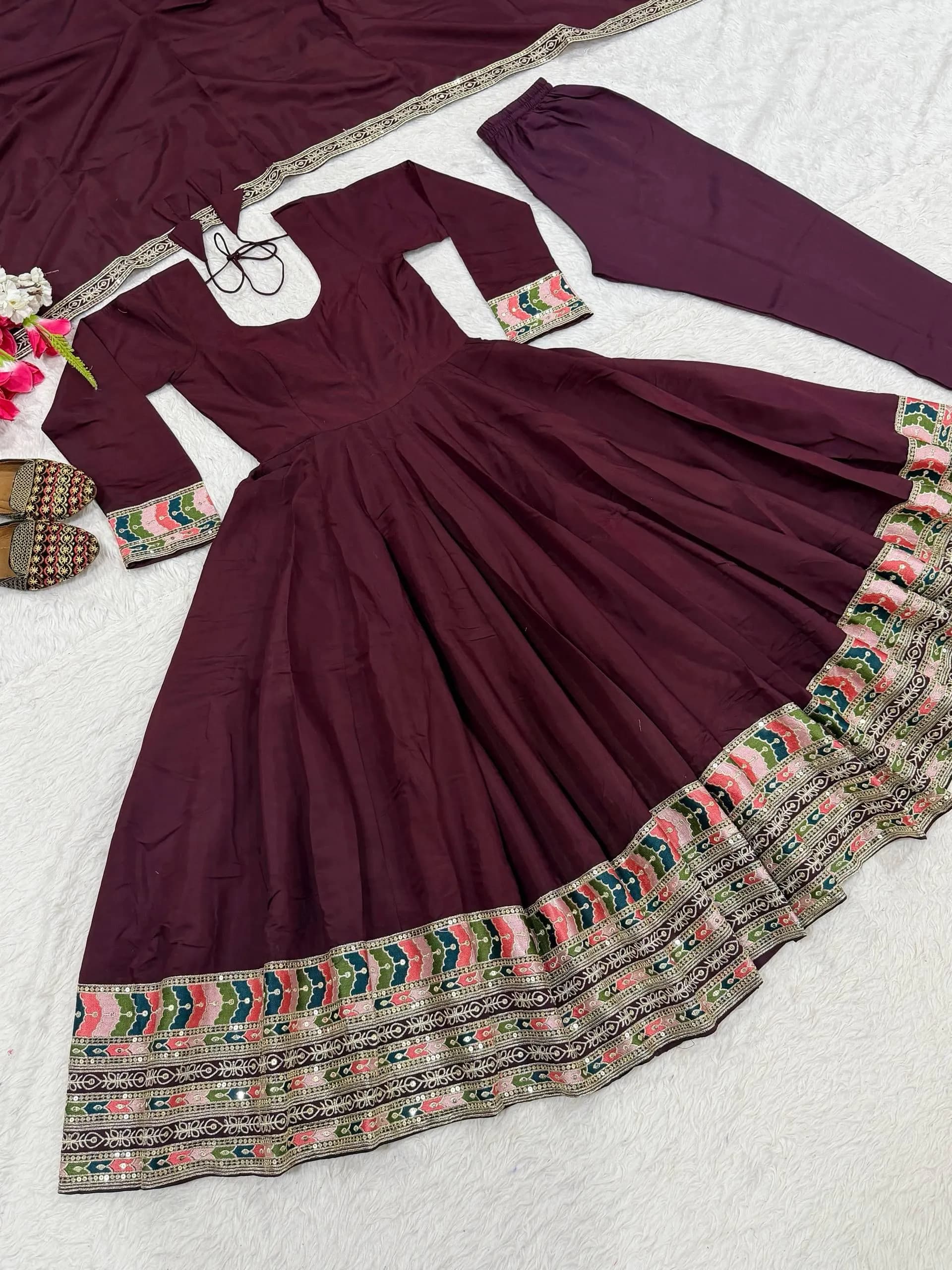 Maroon  Anarkali Dress with Dupatta, Embroidered Indian Dress, Maroon Ethnic Outfit, Long Sleeve Wedding Guest Party Wear - image 4