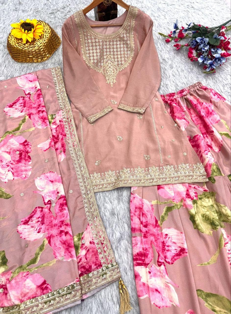 Pink Floral Sharara, Embroidered Sharara Suit Set with Dupatta, Pastel Pakistani Wedding Guest Outfit, Festive Ethnic Dress for Women - image 3