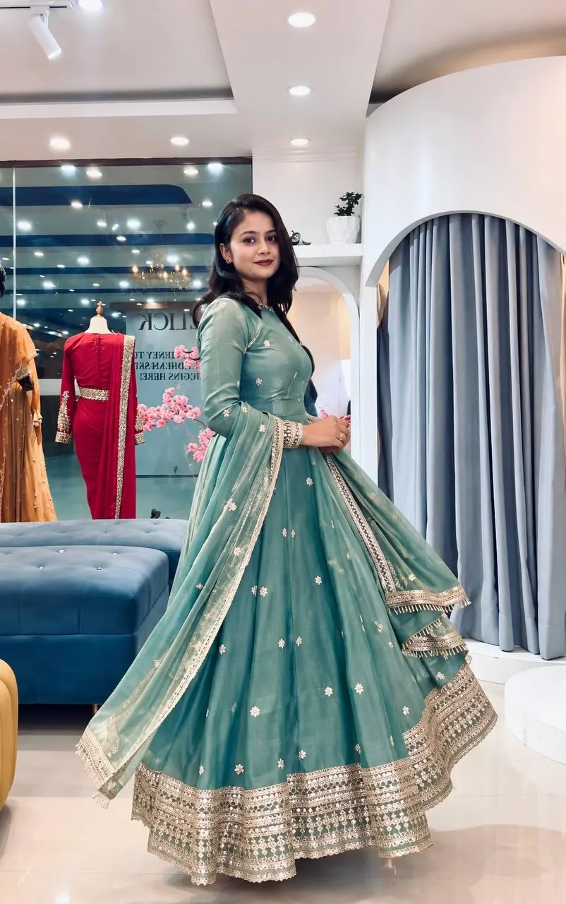 Teal Blue Anarkali Suit for Wedding Guest, Embroidered Georgette Gown, Indian Party Wear Dress, Pakistani Festive Long Frock with Dupatta - image 3