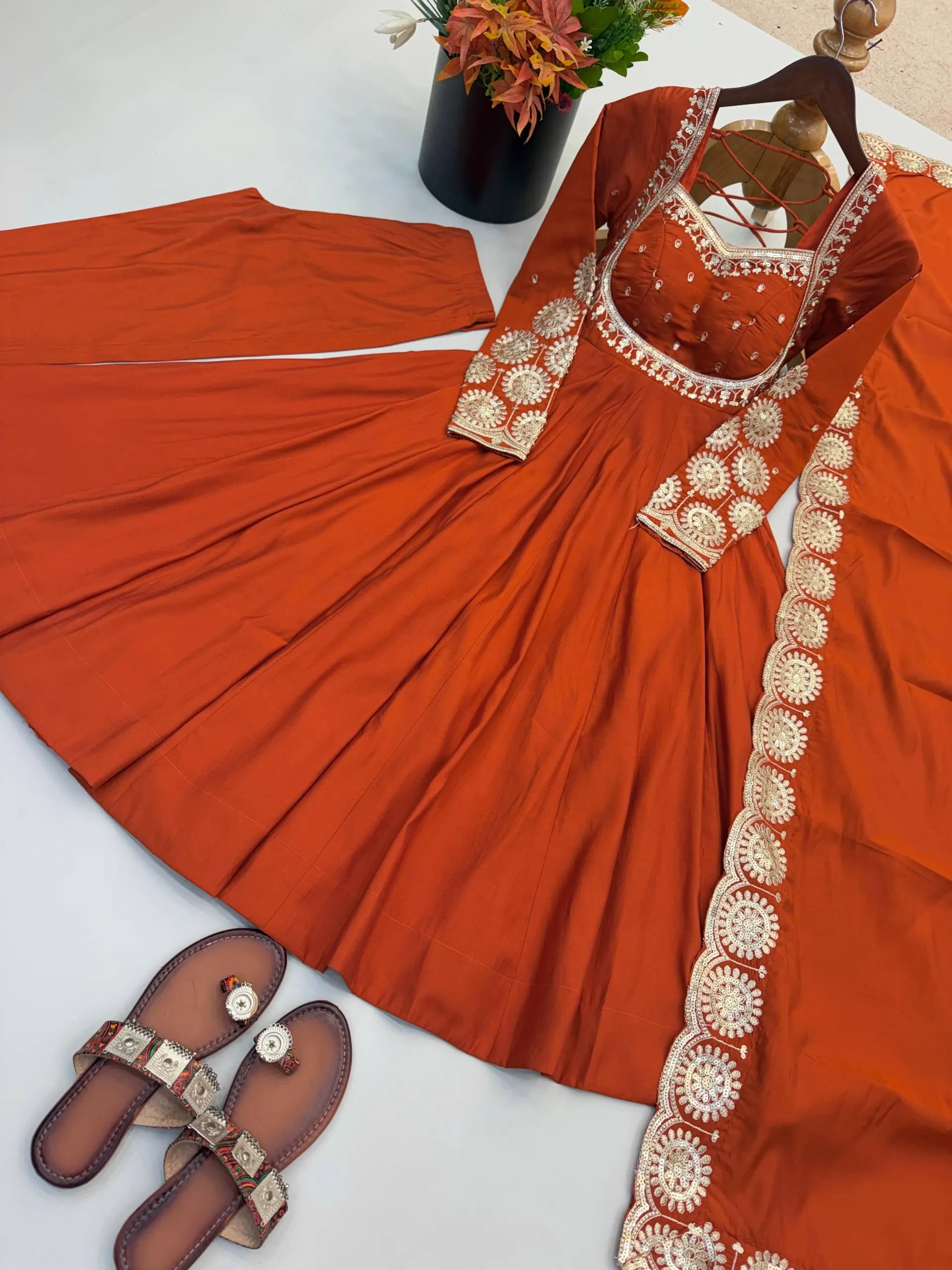 Rust Orange Anarkali Suit for Women, Embroidered 3 Piece Kurta Pant Dupatta Set, Pakistani Wedding Dress, Indian Festive Party Wear - image 4