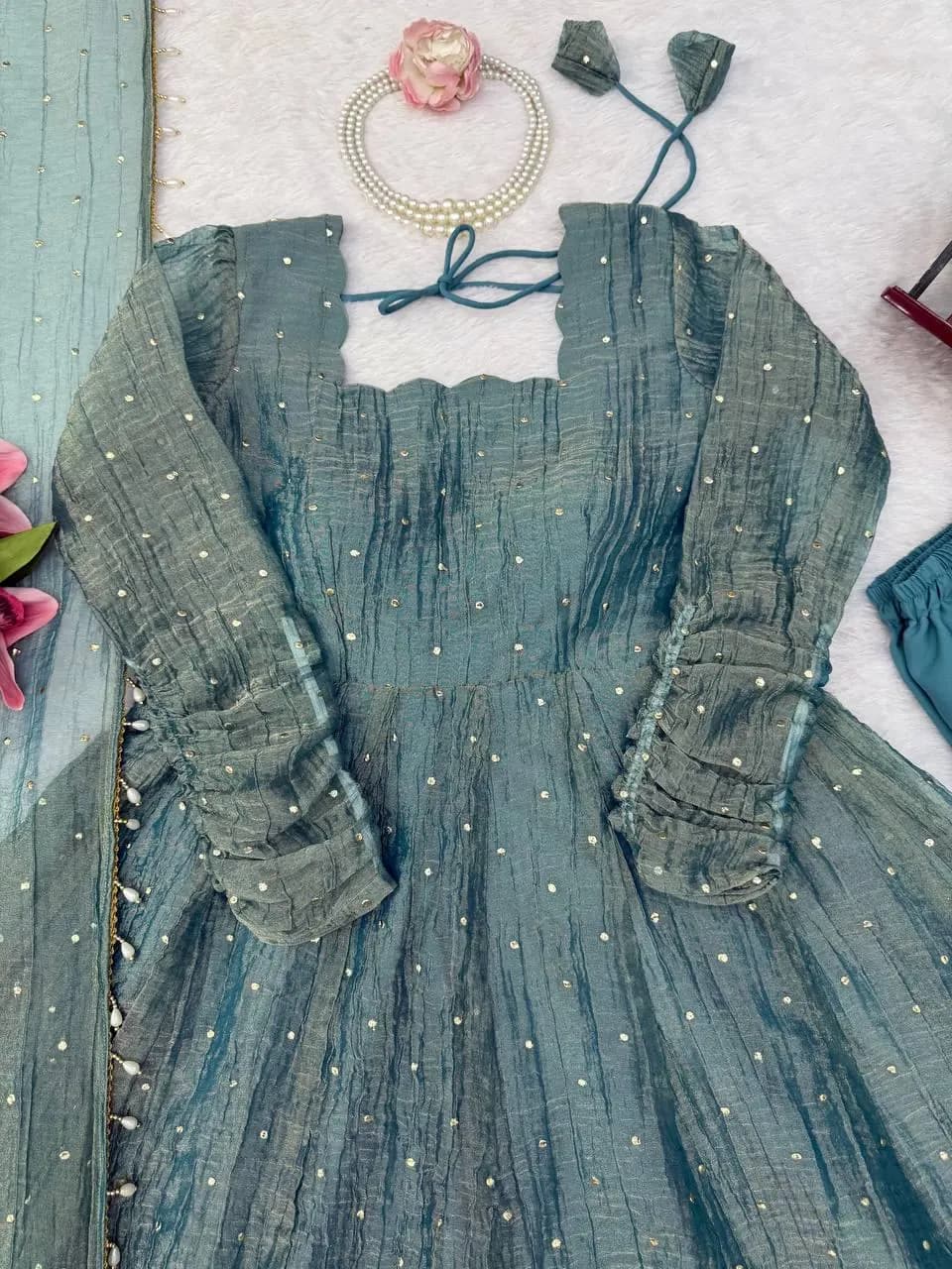 Teal Anarkali Dress with Dupatta, Indian Anarkali Suit, Pakistani Dress, Festive Wear, Wedding Guest Outfit - image 5