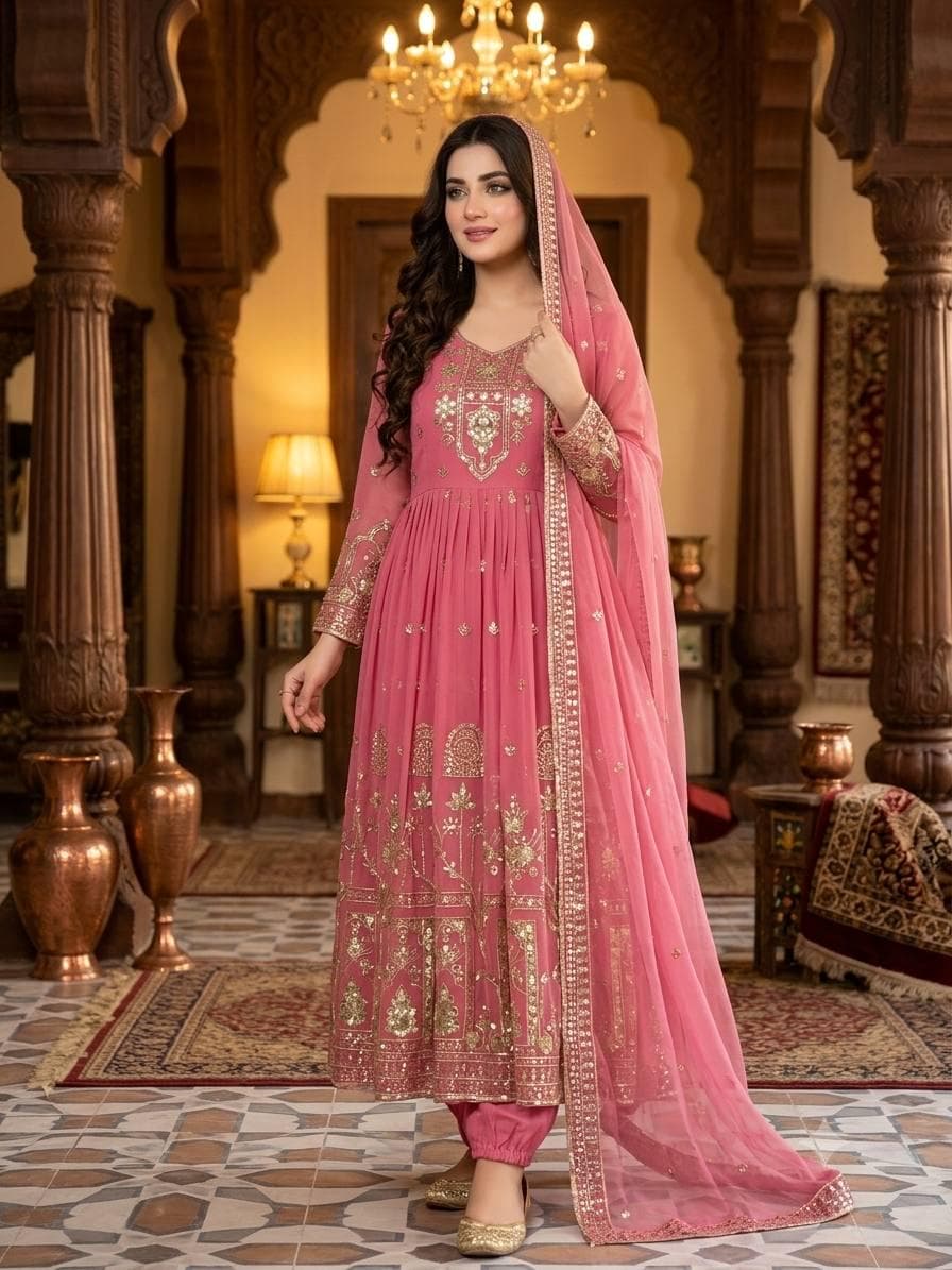 Onion Pink Georgette Anarkali Suit with Dupatta, Embroidered Indian Wedding Dress, Pakistani Party Wear Gown, Flared Salwar Kameez for Women - image 3