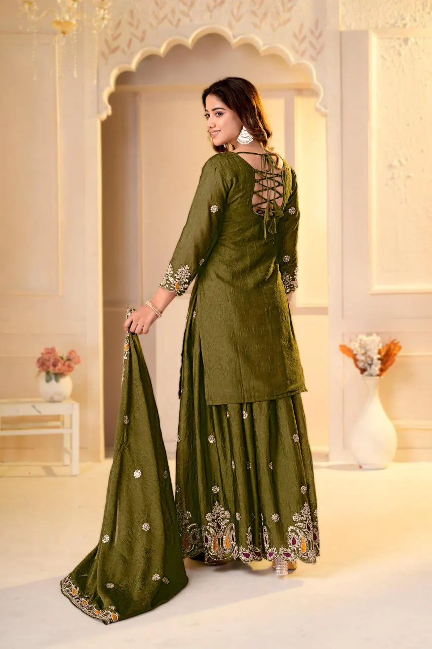 Mehendi Green Palazzo Dupatta Set for Women, 3 Piece Indian Ethnic Outfit, Elegant South Asian Festive Wear, Traditional Desi Party Ensemble - image 5